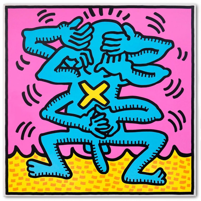 ACRYLIC ON CANVAS,IN THE STYLE OF KEITH HARING (1958-1990): ACRYLIC ON CANVAS,IN THE STYLE OF KEITH HARING (1958-1990) Visual Description: Image Dimensions: 102 x 102 cm (40 1/8 x 40 1/8 in) All measurements are approximate. Created in 1987, this Untitled
