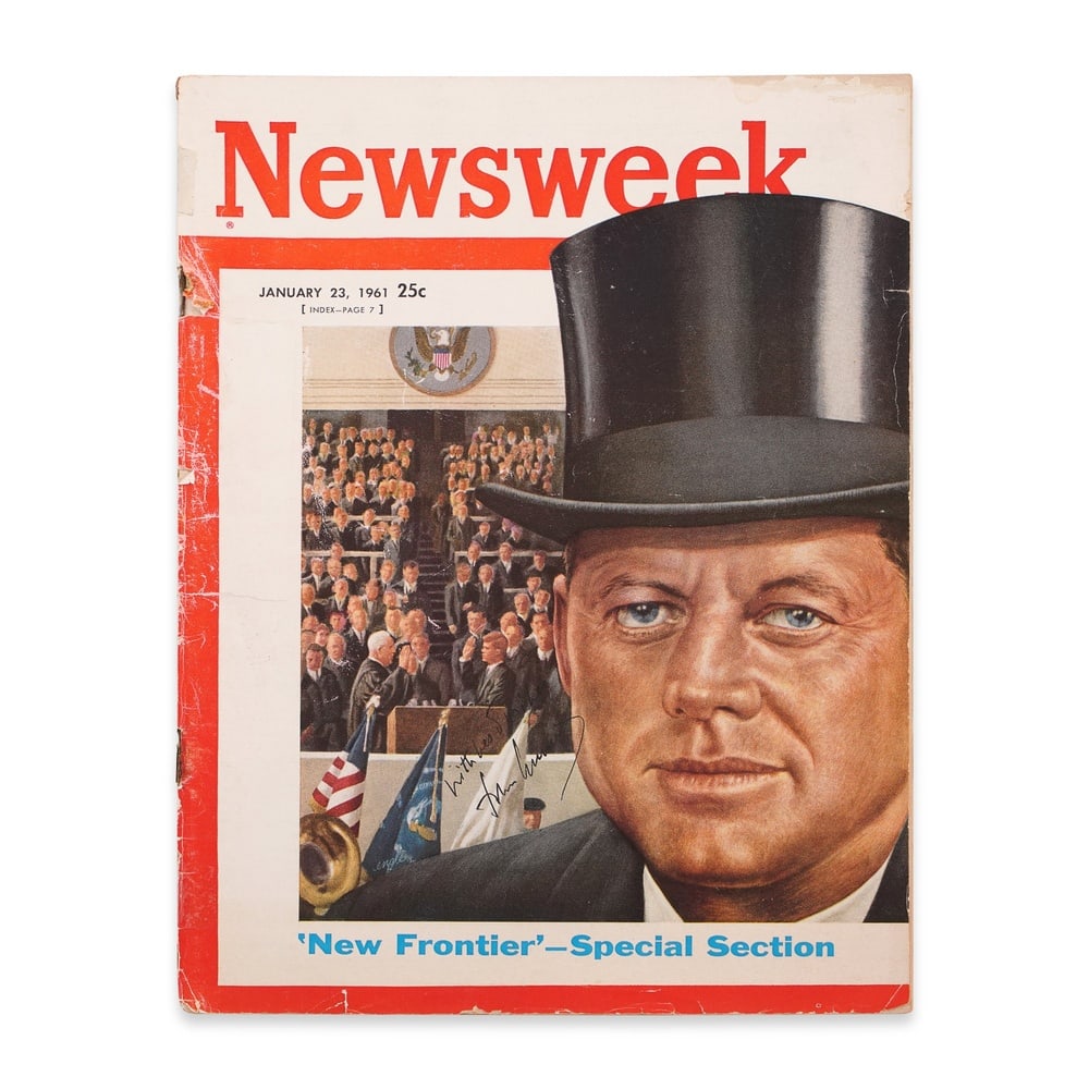 JOHN F. KENNEDY SIGNED NEWSWEEK MAGAZINE - JANUARY 23, 1961: 11 1/8 x 8 1/4 in (28.2 x 21 cm) Provenance and Authentication: This collectible has undergone a rigorous forensic evaluation. The signatures were carefully analyzed across multiple criteria,