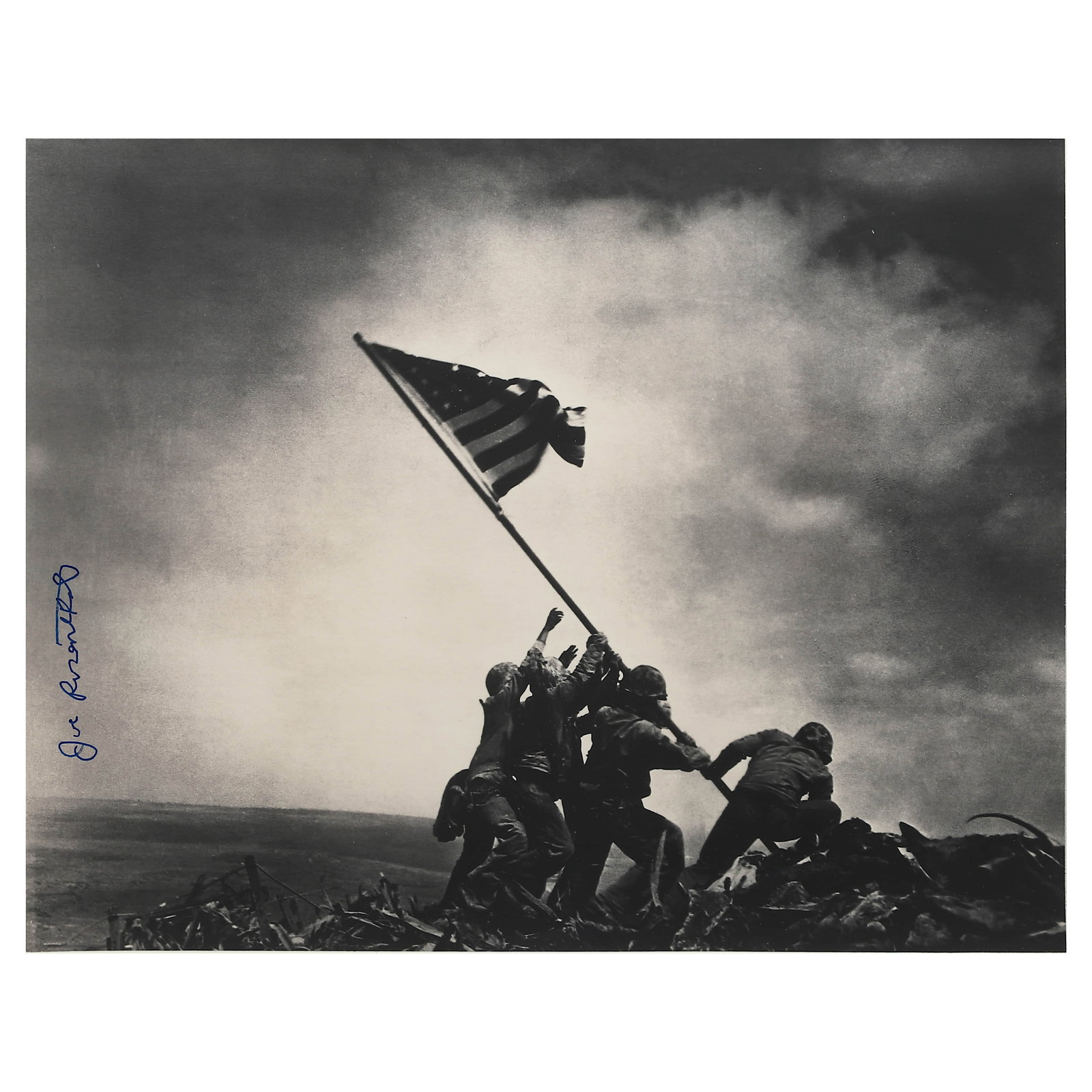 JOE ROSENTHAL (1911–2006)RAISING THE FLAG ON IWO JIMA: Artist JOE ROSENTHAL (1911–2006) Title RAISING THE FLAG ON IWO JIMA Material Gelatin silver print, mounted on board Signature Signed in blue ink by the photographer at the left Dimensions
