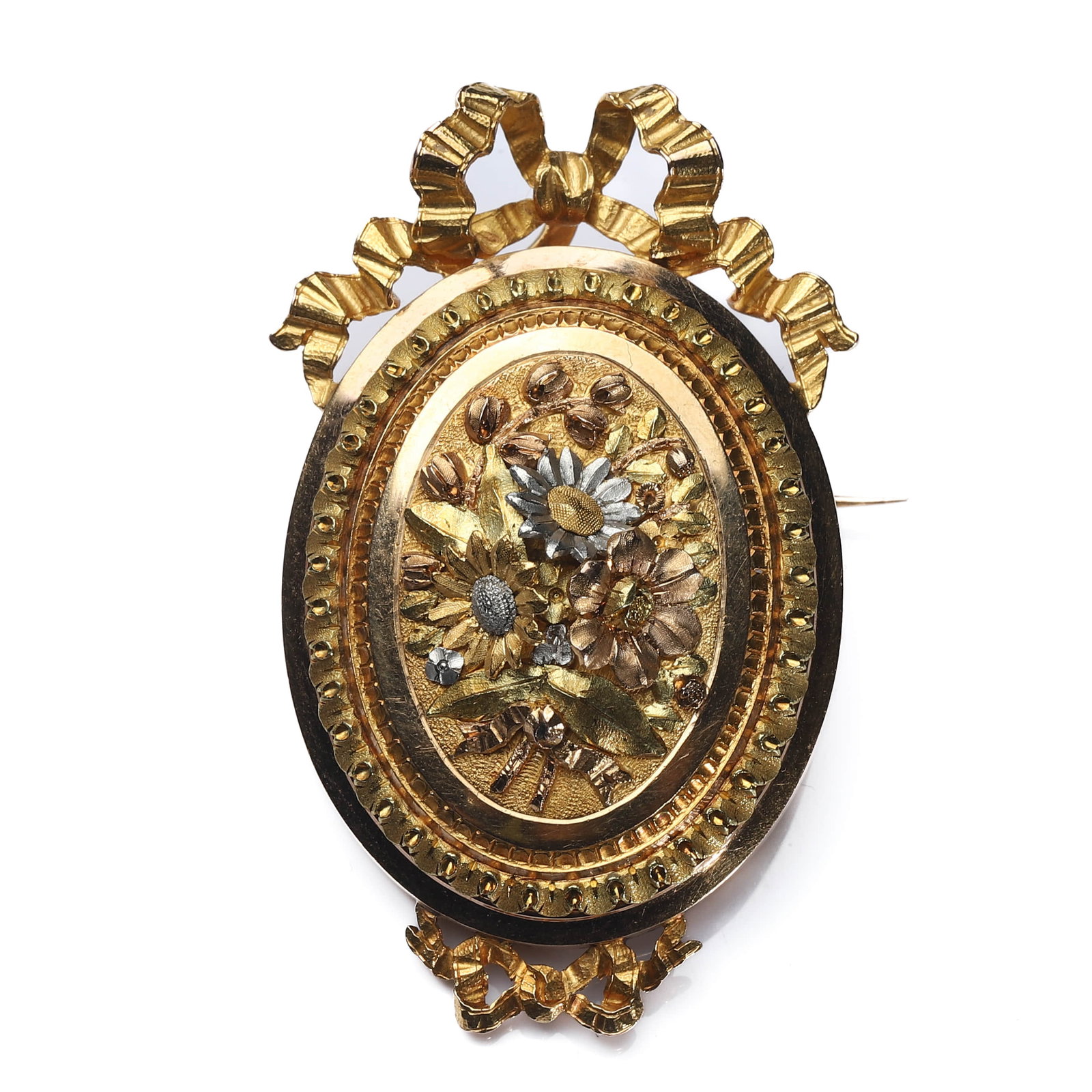 A NAPOLEON III PERIOD FRENCH FOUR-COLOR GOLD FLORAL BROOCH PENDANT (À QUATRE COULEURS): Dimensions Length 1 7/8 in. (4.8 cm), Width 1 3/16 in. (3 cm)Weight: 17.85 g Description A Napoleon III period (1852–1870) French brooch pendant, finely handcrafted in 18K gold and executed in the
