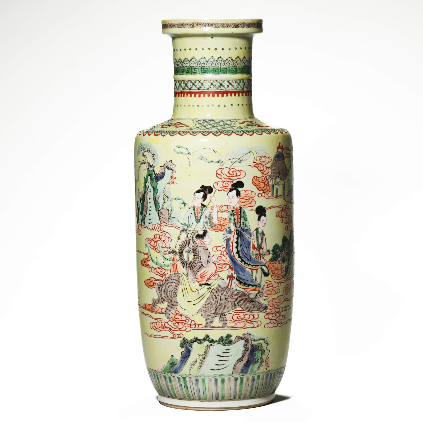 A YELLOW-GROUND WUCAI FIGURAL VASE.: Height 18 1/8 in (46 cm)