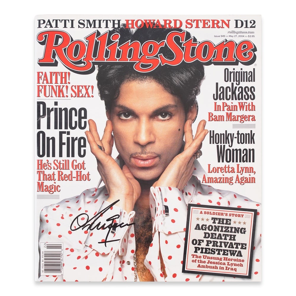 PRINCE "ROLLING STONE" MAGAZINE: 12 x 10 in (30.5 x 25.5 cm) The surface presents visible handwritten markings. This issue of Rolling Stone magazine represents a compelling artifact within modern music culture, associated with a