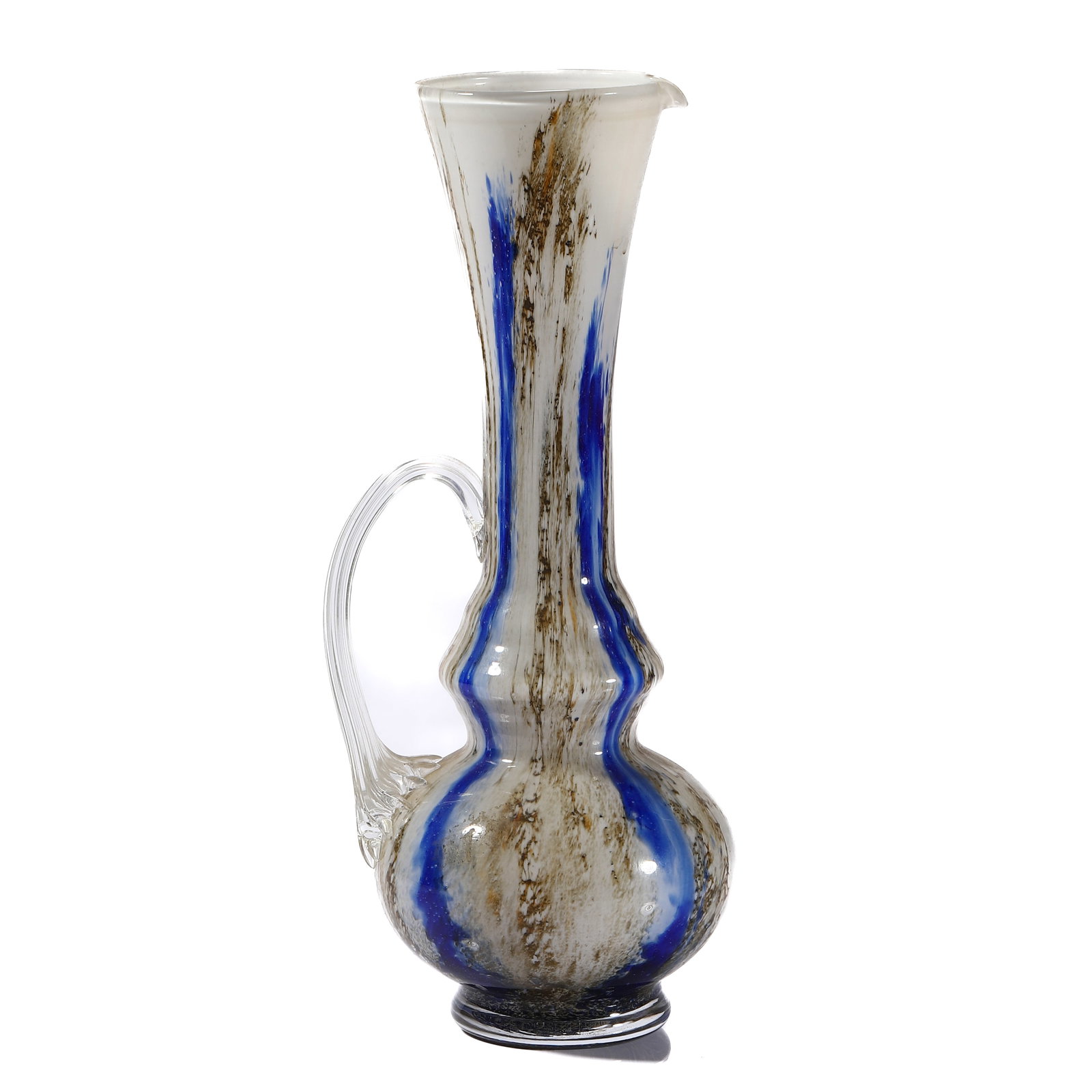 ART GLASS VASE WITH HANDLE: Dimensions: Height: 9 5/8 in. (24.5 cm) Description: A studio art glass vase of baluster form with a flared mouth and applied clear glass handle. The body is decorated with swirled patterns in cobalt