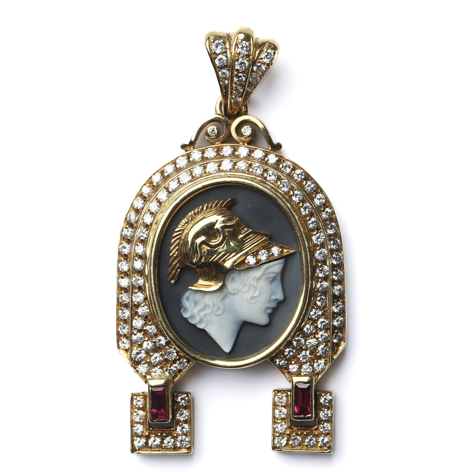 RETRO PERIOD FRENCH GOLD, DIAMOND, AND AGATE CAMEO PENDANT WITH ATHENA PORTRAIT (CIRCA: Dimensions Length: 2 3/16 in. (55 mm); Width: 1 1/8 in. (29 mm); Weight: 22.25 g Description A striking luxury pendant dating to the Retro period (circa 1940s–1950s), exquisitely crafted in solid 18