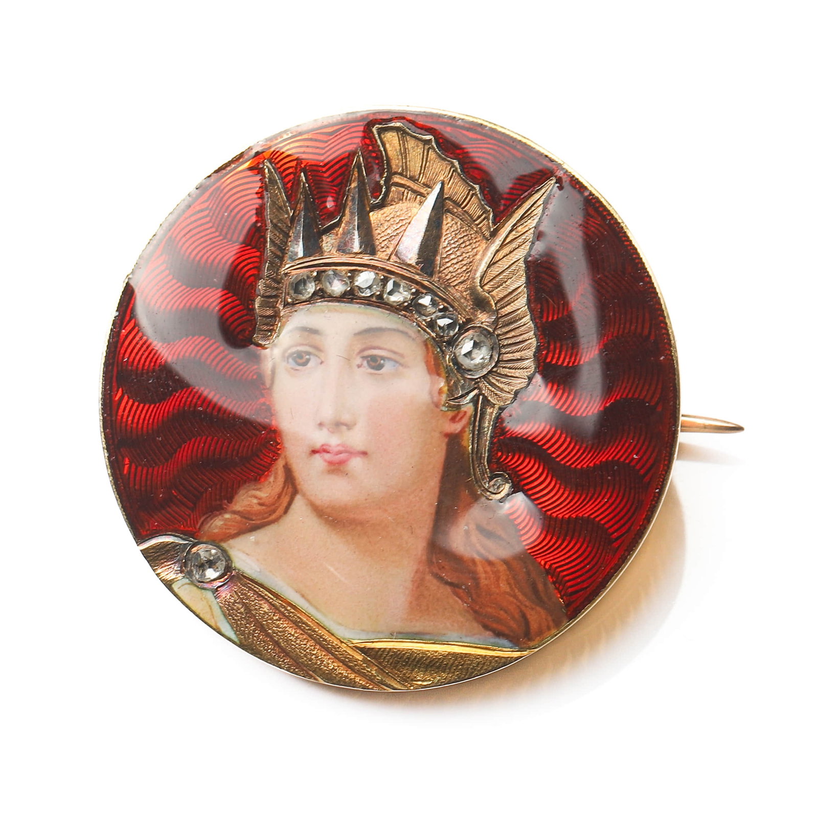 ART NOUVEAU (1880–1920), A NEOCLASSICAL GOLD, ENAMEL AND DIAMOND BROOCH WITH ATHENA (MINERVA), OWL: Dimensions 1 1/16 × 1 1/16 in. (27 × 27 mm); Weight: 7.6 g Description A finely crafted Art Nouveau brooch in neoclassical taste, executed in 20K gold and centered with a portrait of Athena (Minerva