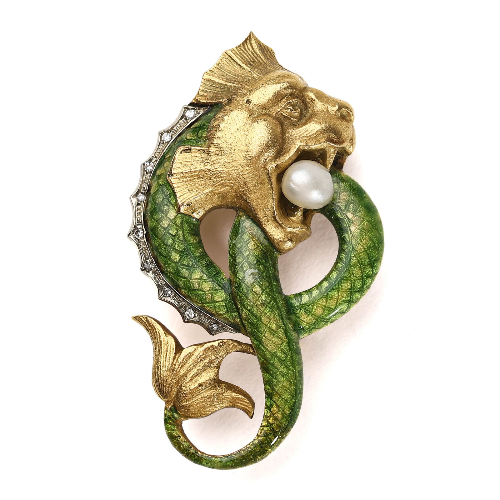 A FRENCH ENAMEL, DIAMOND, PEARL, AND GOLD BROOCH IN THE FORM OF A SEA MONSTER: Dimensions: Length: 1 7/8 in. (4.8 cm),Weight: 13.2 g Description: This exceptional French brooch is crafted in the form of a fantastical sea monster with the head of a roaring lion and the sinuous bo