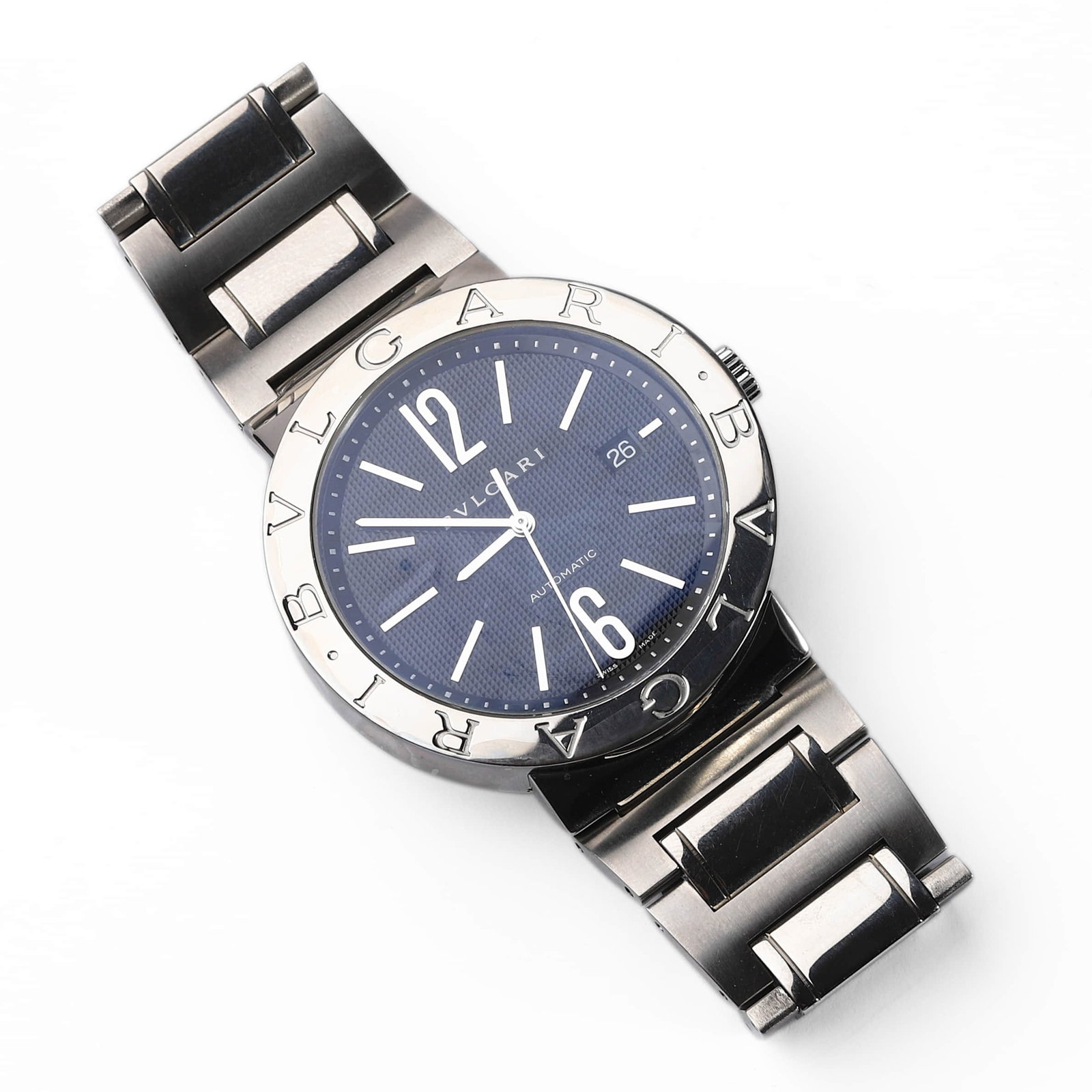 BVLGARI BVLGARI BB42SS AUTOMATIC STAINLESS STEEL WRISTWATCH: Dimensions Dial diameter 1 3/4 in. (44 mm) Description A Bvlgari Bvlgari BB42SS automatic wristwatch in stainless steel, featuring a black textured dial with luminous baton hour markers, Arabic