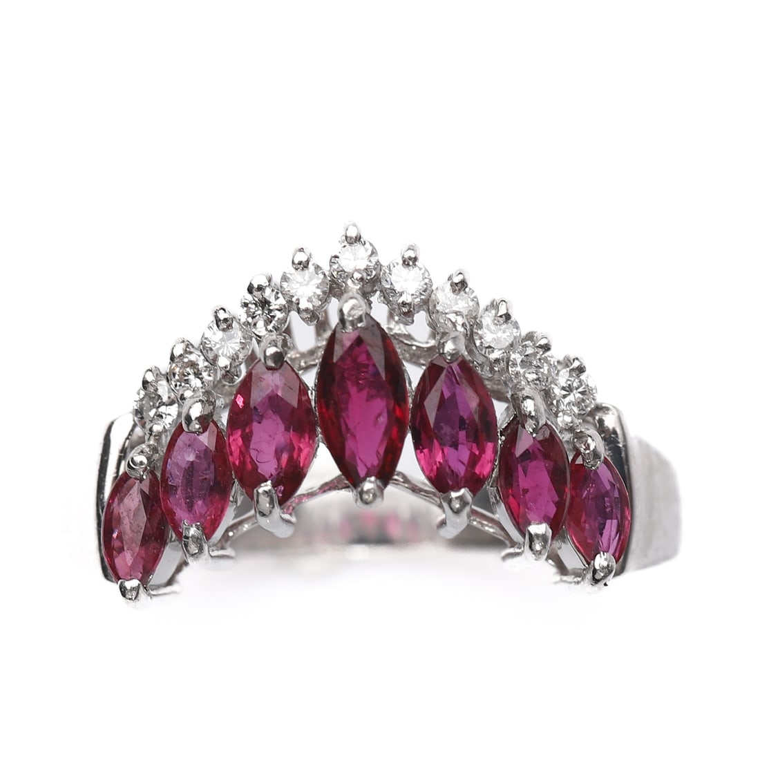 PLATINUM RUBY AND DIAMOND RING: Dimensions Inner diameter: 21/32 in (16.8 mm); Weight: 4.8 g Description Crafted in platinum and set with a graceful arrangement of marquise-cut rubies totaling 0.83 ct, accented by round