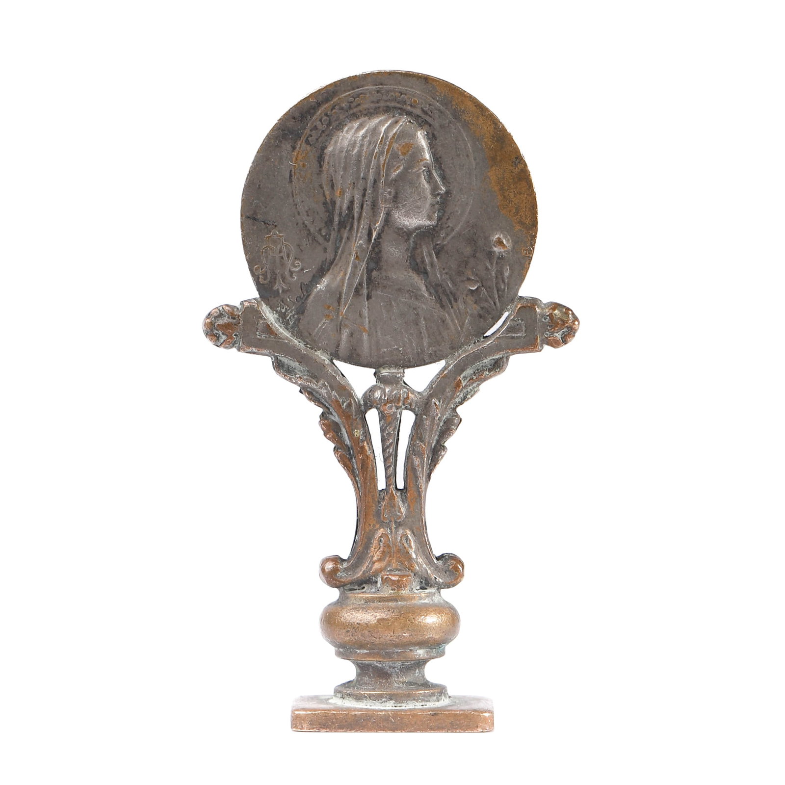 BRONZE ART NOUVEAU FIGURAL SEAL WITH MEDALLION PORTRAIT: Dimensions Height 2 1/8 in (5.4 cm); weight 21 g. Description This bronze Art Nouveau figural seal features an elegant openwork stand supporting a circular medallion. One side depicts a female