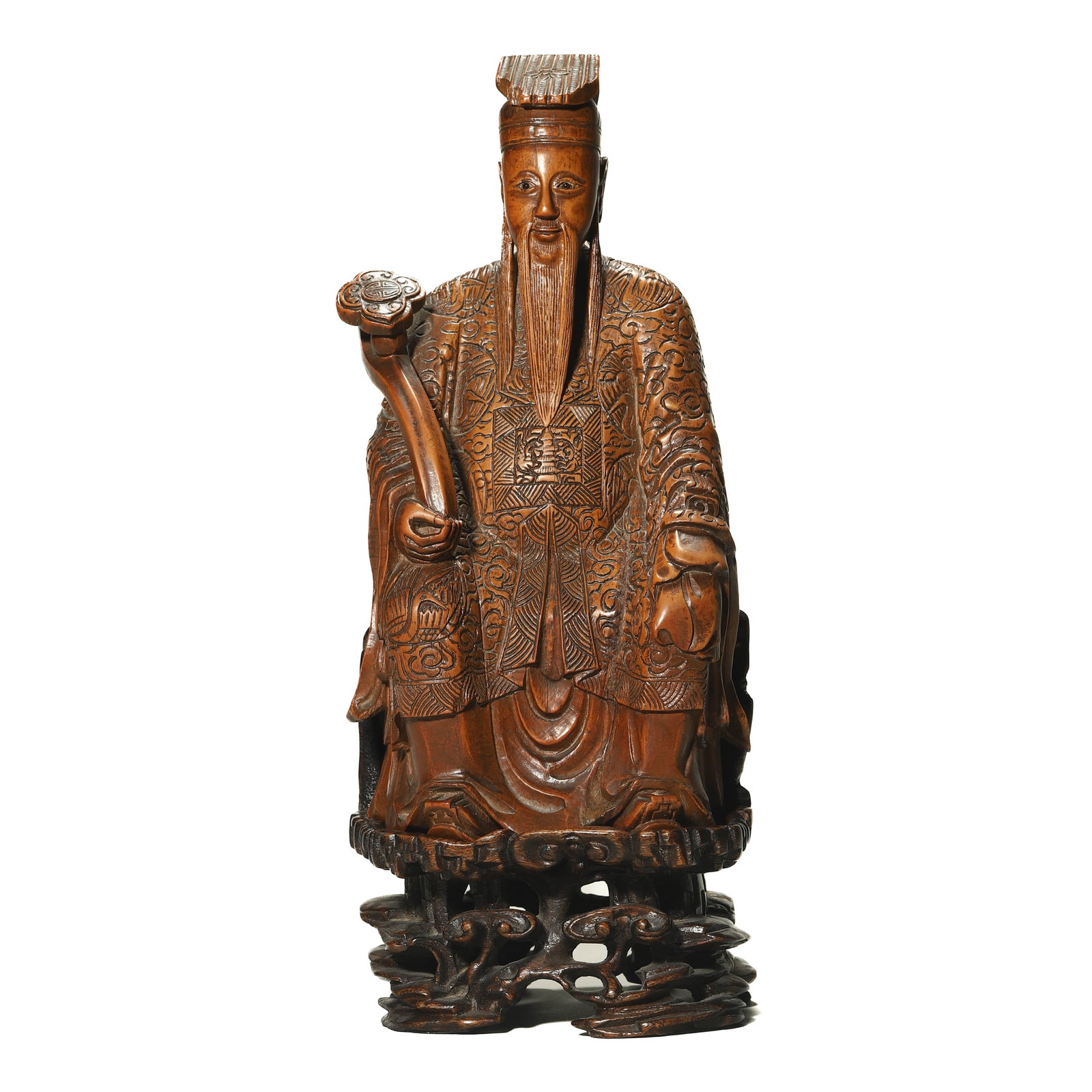 A BOXWOOD FIGURE OF A CIVIL OFFICIAL: Height 9 1/2 in (24.2 cm)