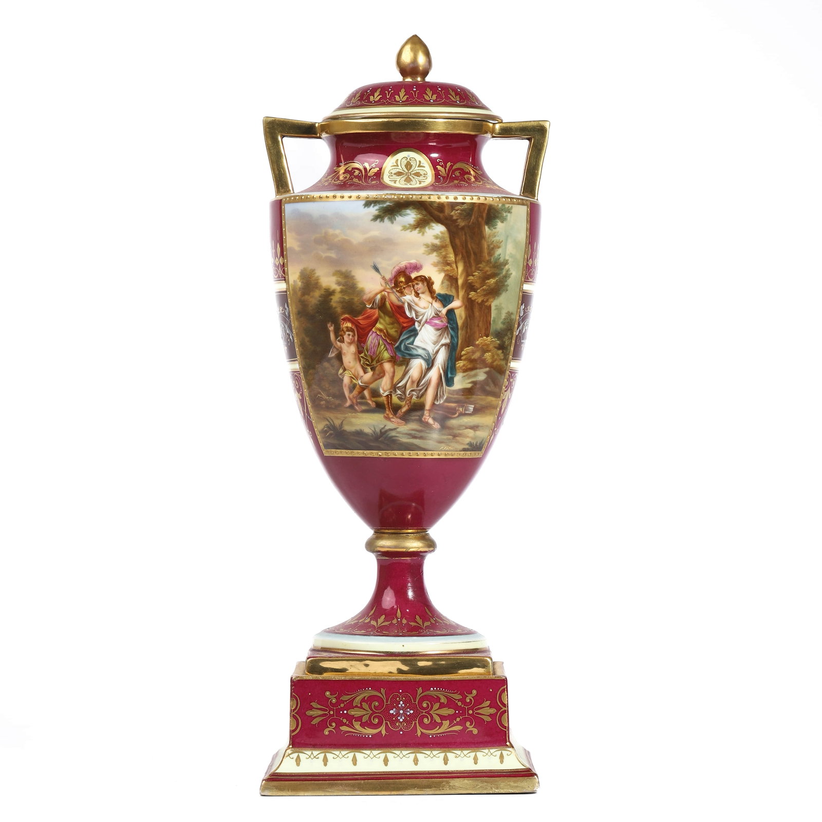 A CONTINENTAL PORCELAIN URN RINALDO UND ARMIDA: Dimensions Height: 14 in (35.5 cm) Description A richly decorated Continental porcelain urn featuring a finely hand-painted classical scene titled Rinaldo und Armida, executed with soft shading,