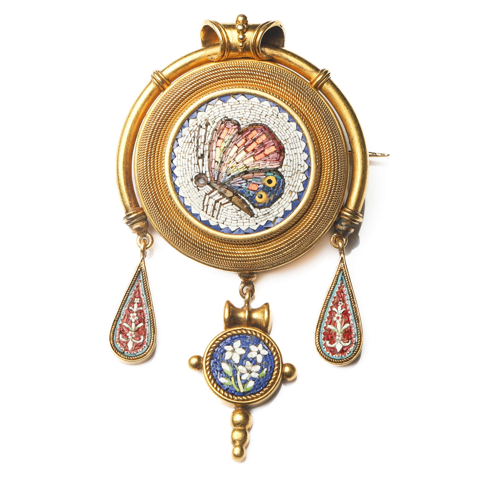 VICTORIAN PERIOD (1837–1901), AN ITALIAN GOLD MICROMOSAIC BUTTERFLY BROOCH-PENDANT: Dimensions 2 3/8 × 1 3/8 in. (61 × 35 mm); Weight: 21.9 g Description An exceptional Italian brooch-pendant from the Victorian period, featuring a finely executed micromosaic (micro mosaic)