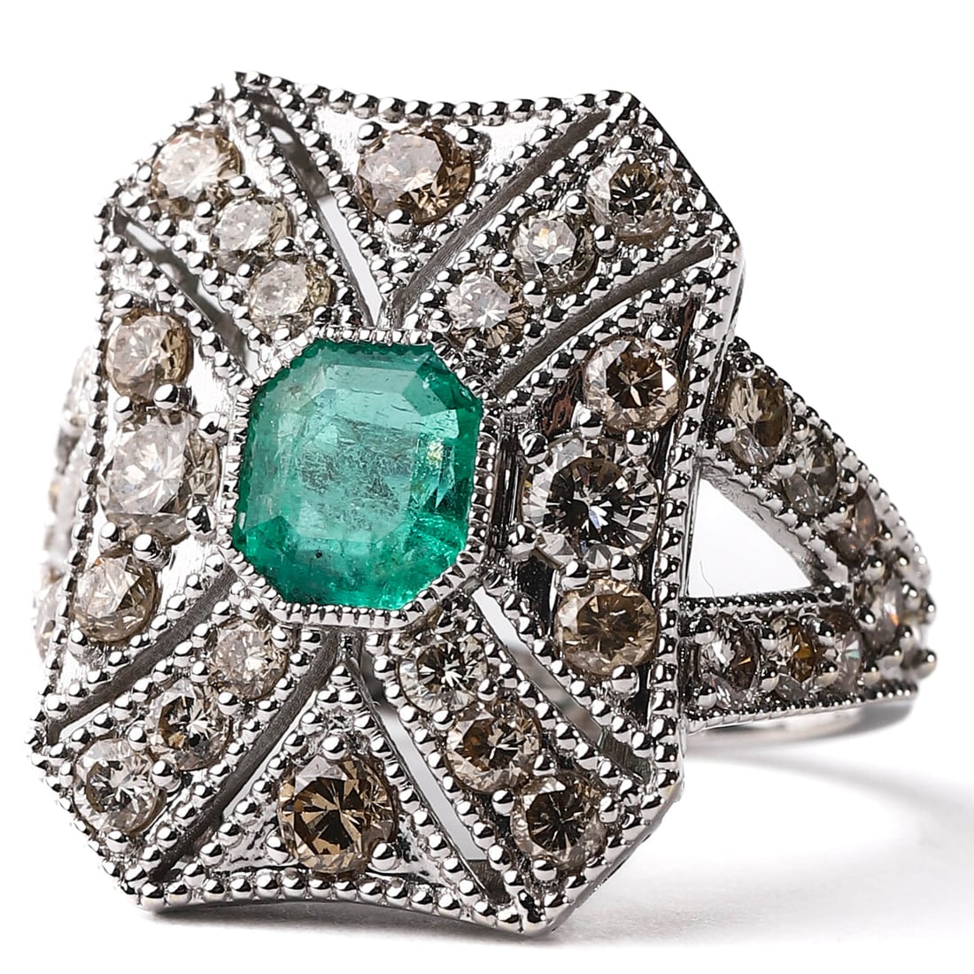 A DIAMOND AND EMERALD RING: Dimensions: Interior diam: 11/16 in. (17 mm); Weight: 6.6 g Description: Featuring an octagonal step-cut vivid green natural emerald from Muzo, Colombia, weighing approximately 6.58 g, set within an o