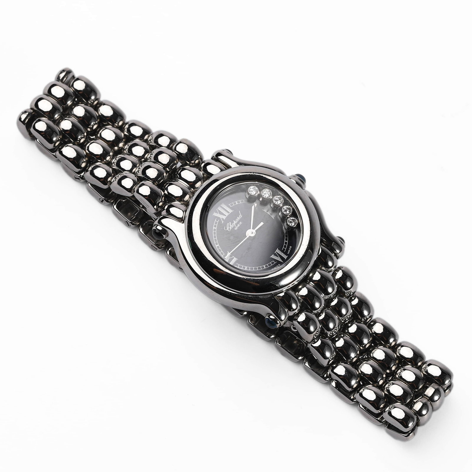 CHOPARD "HAPPY SPORT" WRISTWATCH, STAINLESS STEEL CASE AND BRACELET, QUARTZ MOVEMENT: Diamete 1 1/8 in. (28.7 mm) DescriptionA Chopard "Happy Sport" wristwatch featuring a polished stainless steel round case and integrated bead-style bracelet with a folding clasp signed "Chopard." The