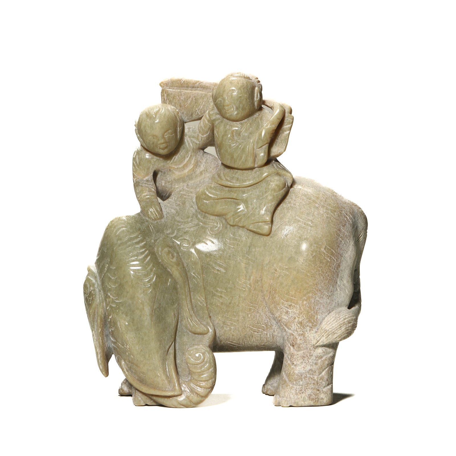 A JADE FIGURE OF A BOY WASHING AN ELEPHANT: Height 4 3/4 in, Length 3 7/8 in (12 × 10 cm)
