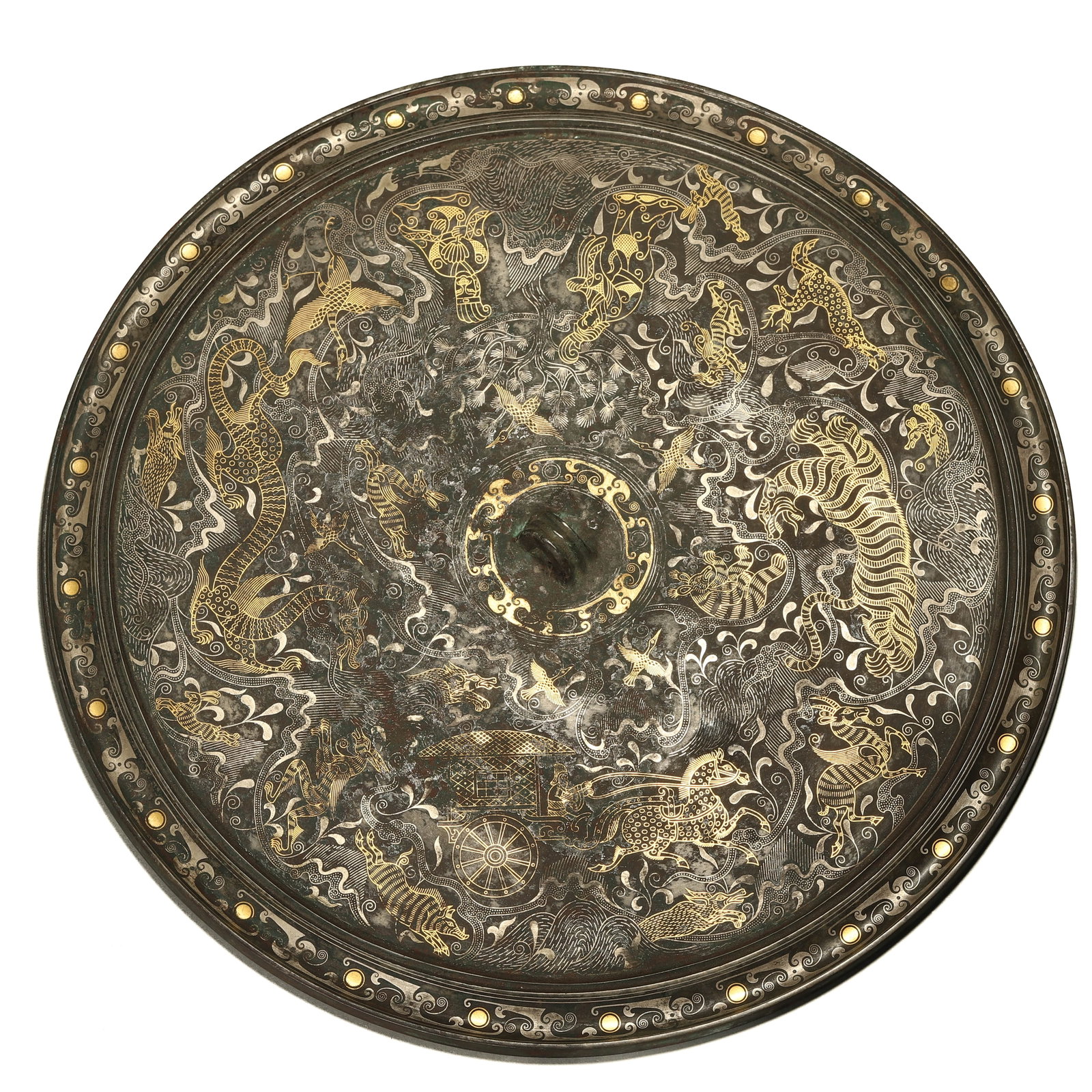 GOLD- AND SILVER-INLAID ‘FOUR DEITIES’ BRONZE MIRROR: Diameter 11 1/8 in (28.3 cm)
