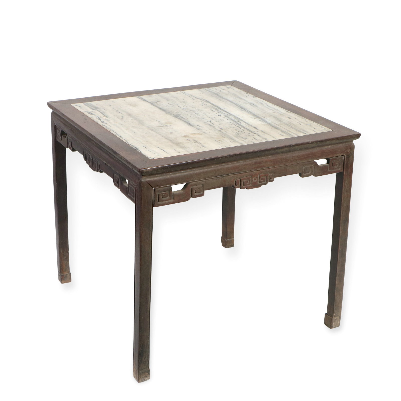 Rose-Wood Inlaid Marble Eight Immortals Table: H 85.5cm, L 92cm, W 92cm
