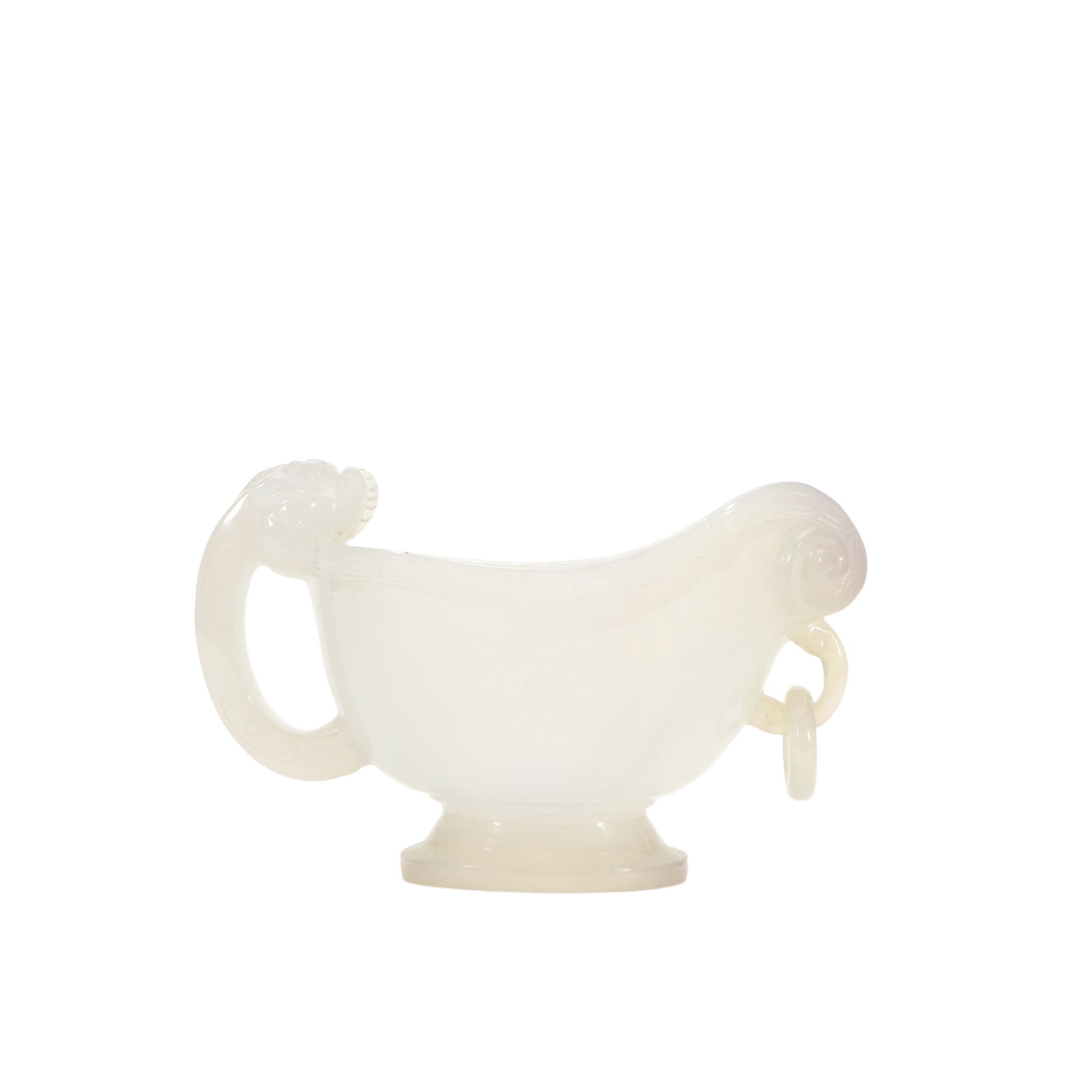 Agate wine jue cup with carved dragon: H 9cm, L 15cm, W 7.5cm