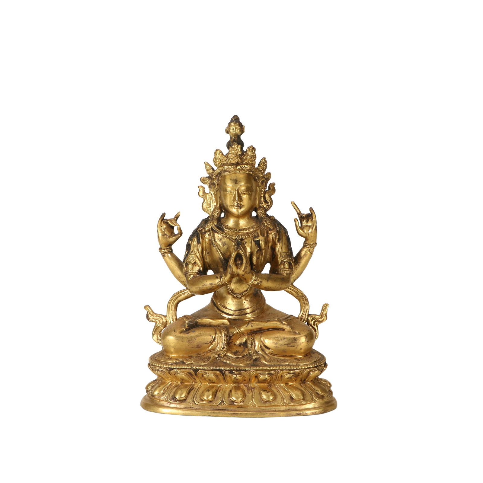 Gilt Bronze Four-armed Guanyin Statue: H 16cm, L 11cm, W 7cm
