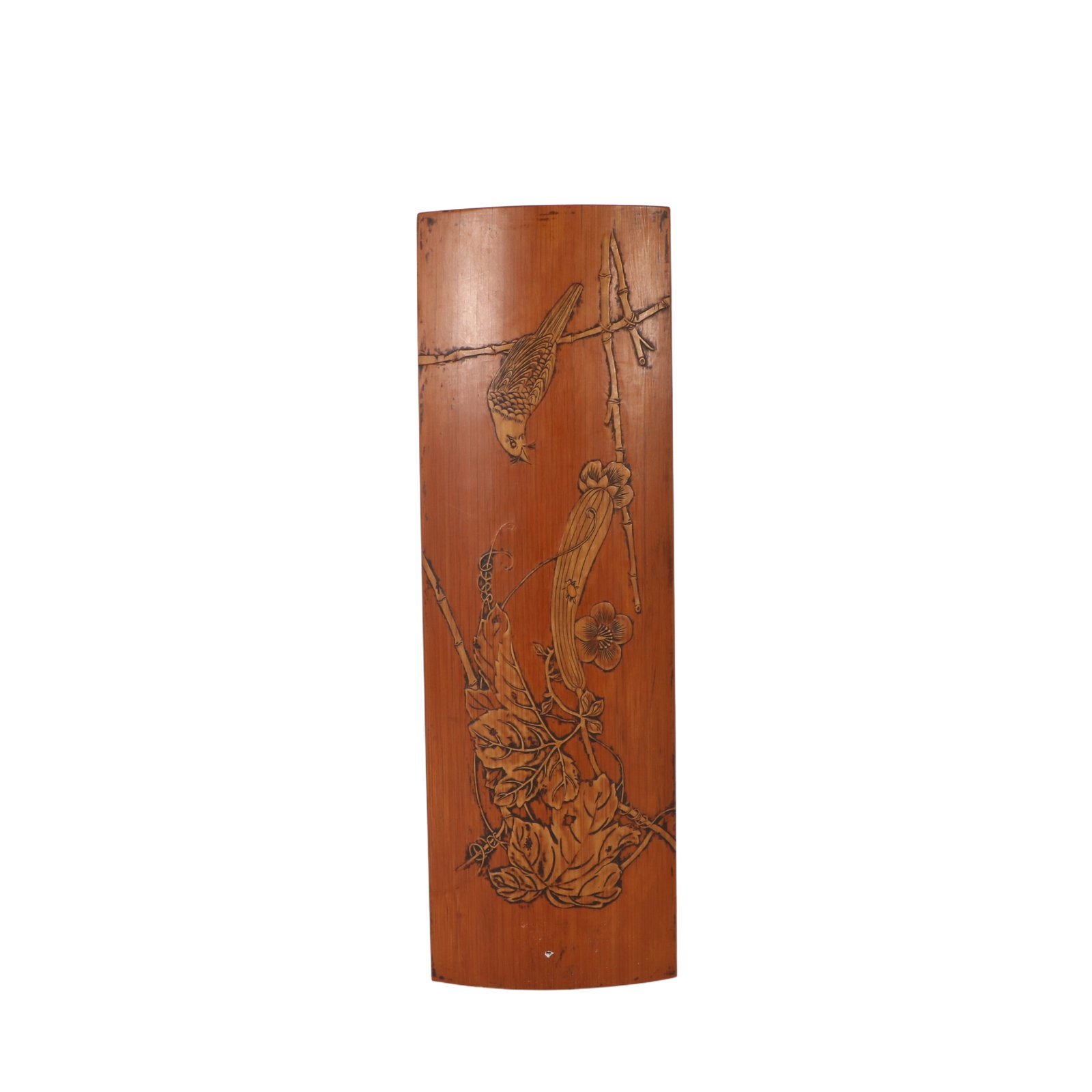 Bamboo Carved Flower and Bird Armrest: H 21.5cm, L 6.8cm, Thk. 1cm