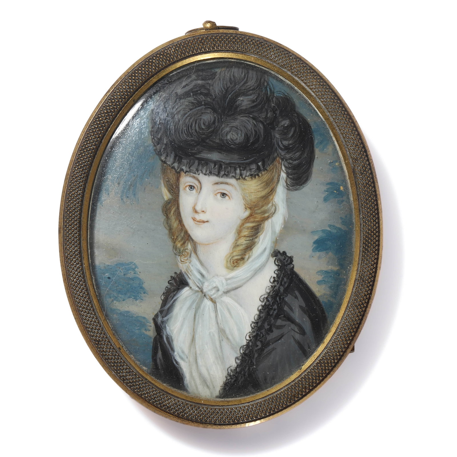 ENGLISH SCHOOL, 19TH CENTURY — PORTRAIT OF A LADY IN A BLACK HAT.: ENGLISH SCHOOL, 19TH CENTURY — PORTRAIT OF A LADY IN A BLACK HAT. Medium: Miniature painting on ivory (or vellum), mounted in a gilt-bronze frame. Dimensions: 3 1/8 × 2 1/2 in. (8 × 6.5 cm). Descr