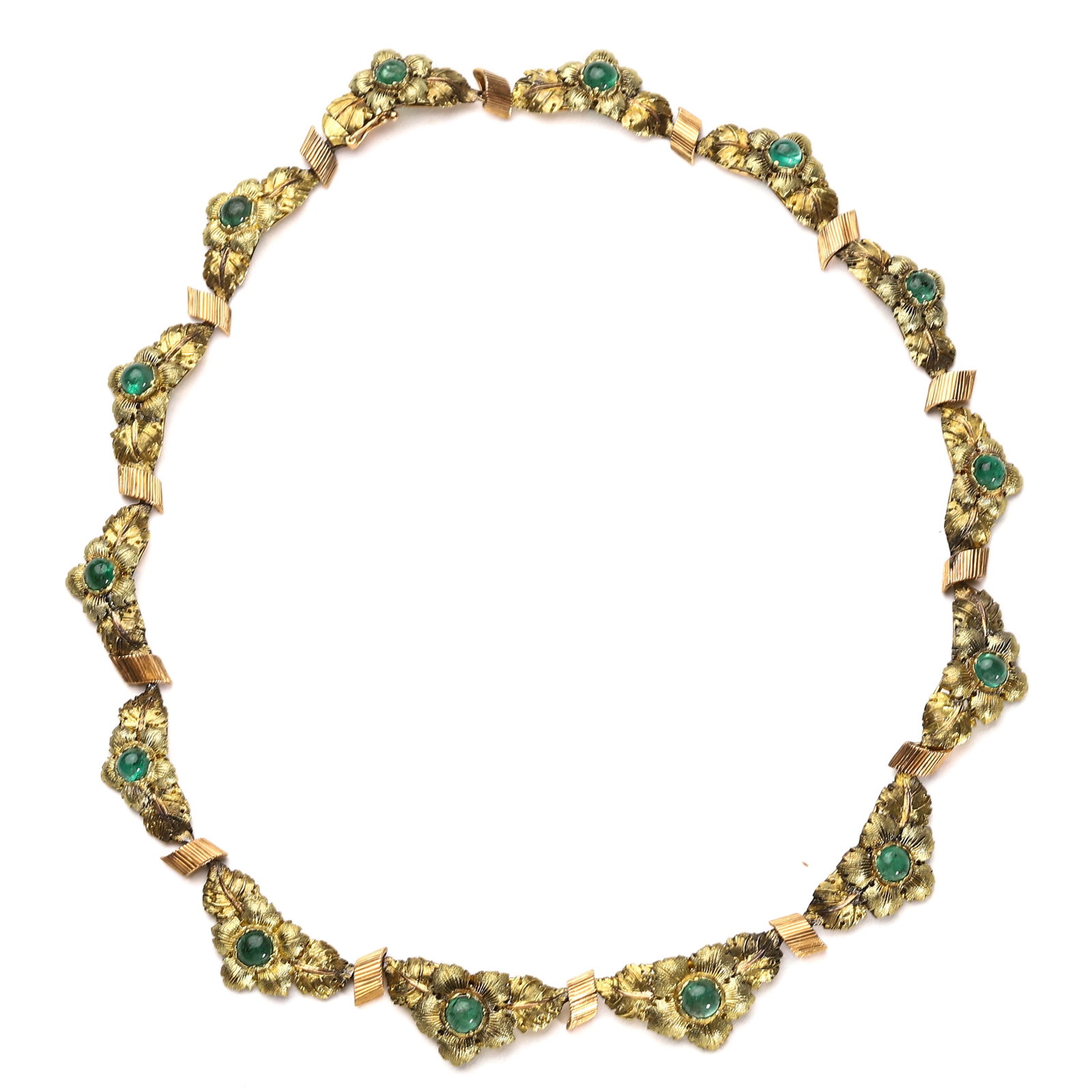 M. BUCCELLATI GOLD AND EMERALD FLORAL NECKLACE: Dimensions: Length: 15 9/16 in. (39.5 cm), Weight: 35.9 g Description: A meticulously handcrafted floral necklace by M. Buccellati, composed of alternating floral and foliate motifs rendered in