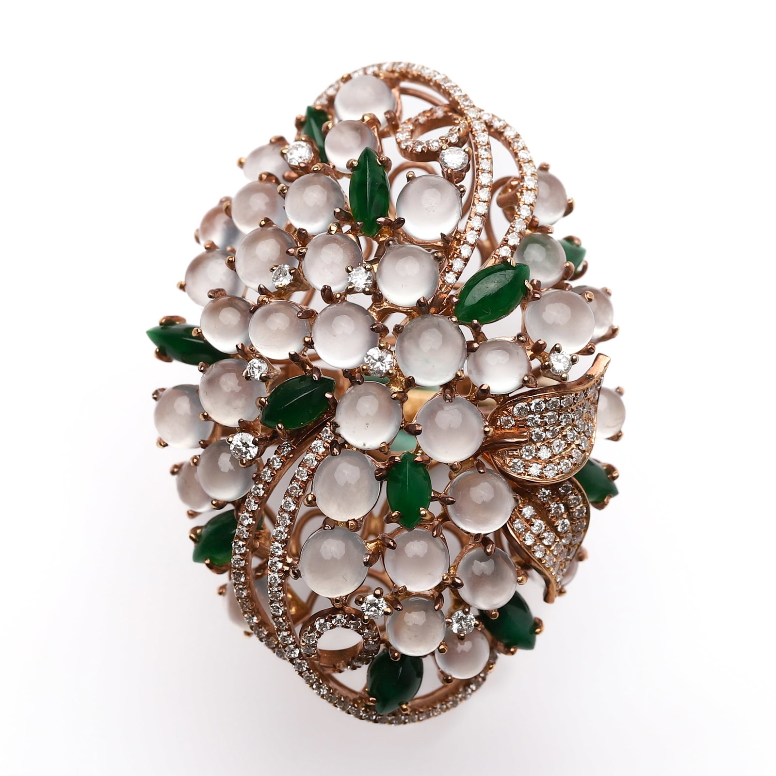 JADEITE, DIAMOND AND GOLD RING: Dimensions Ring size approx. 6 1/2 (inner diameter 21/32 in. / 16.6 mm); overall approx. 1 9/16 × 1 1/16 × 19/32 in. (39.5 × 27.5 × 15.4 mm) Description Designed as a large floral cluster, set wit