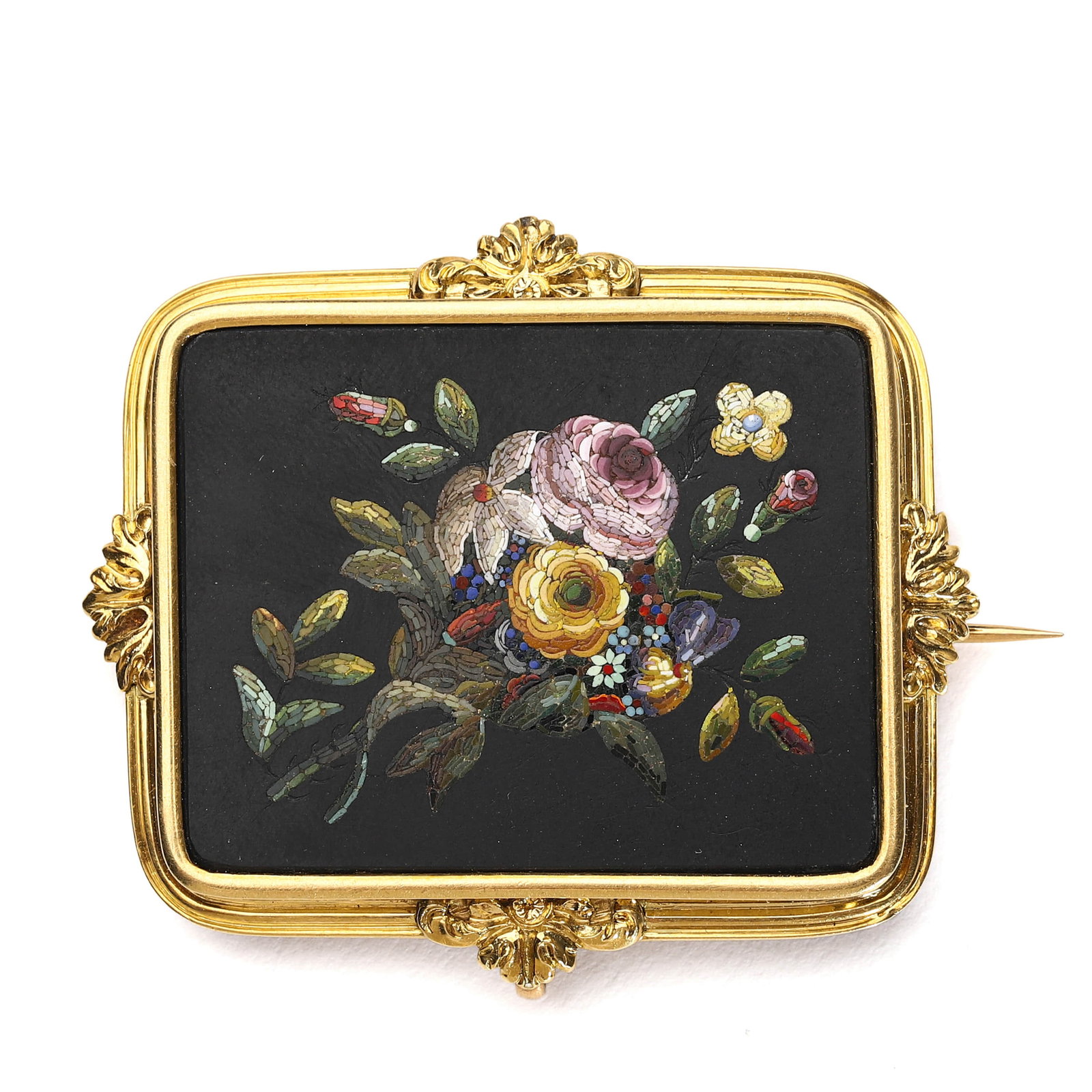 ITALIAN MICRO-MOSAIC GOLD BROOCH WITH FLORAL MOTIF: Dimensions: Length: 1 15/16 in. (48.6 mm); Width: 1 5/8 in. (42 mm); Weight: 17.7 g Description: A finely crafted 19th-century Italian micro-mosaic brooch set in a chased and beaded gold frame. The ce