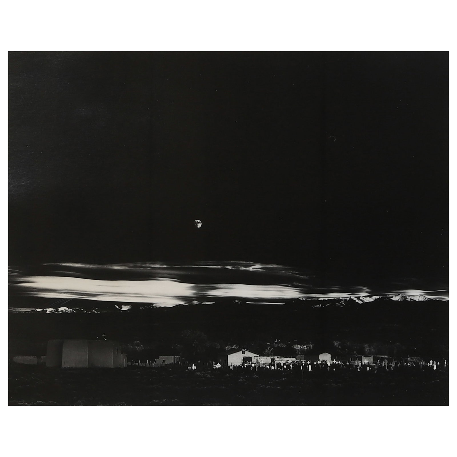 ANSEL ADAMS(1902-1984)Moonrise, Hernandez, New Mexico: Artist ANSEL ADAMS(1902-1984) Title MOONRISE, HERNANDEZ, NEW MEXICO Medium Gelatin silver photograph, mounted on board Signature Signed in pencil on the lower right of the photograph Dimensions