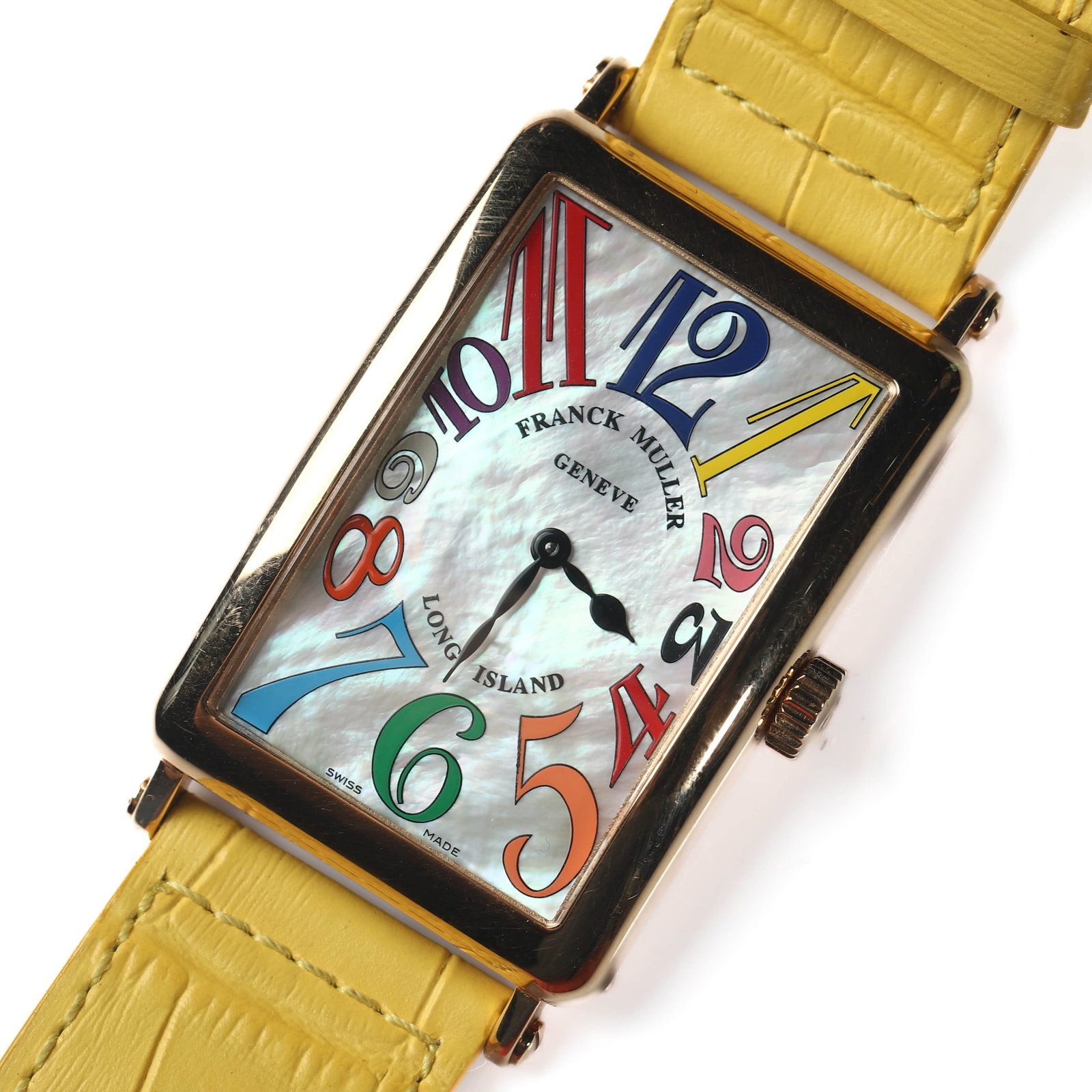 FRANCK MULLER LONG ISLAND WRISTWATCH: Dimensions: Dial width 1 5/16 in. (33 mm) Length 9 1/4 in. (23.5 cm) Weight: 72.5 g. Description A Franck Muller Long Island wristwatch featuring a rectangular rose-gold-tone case, mother-of-pearl dia