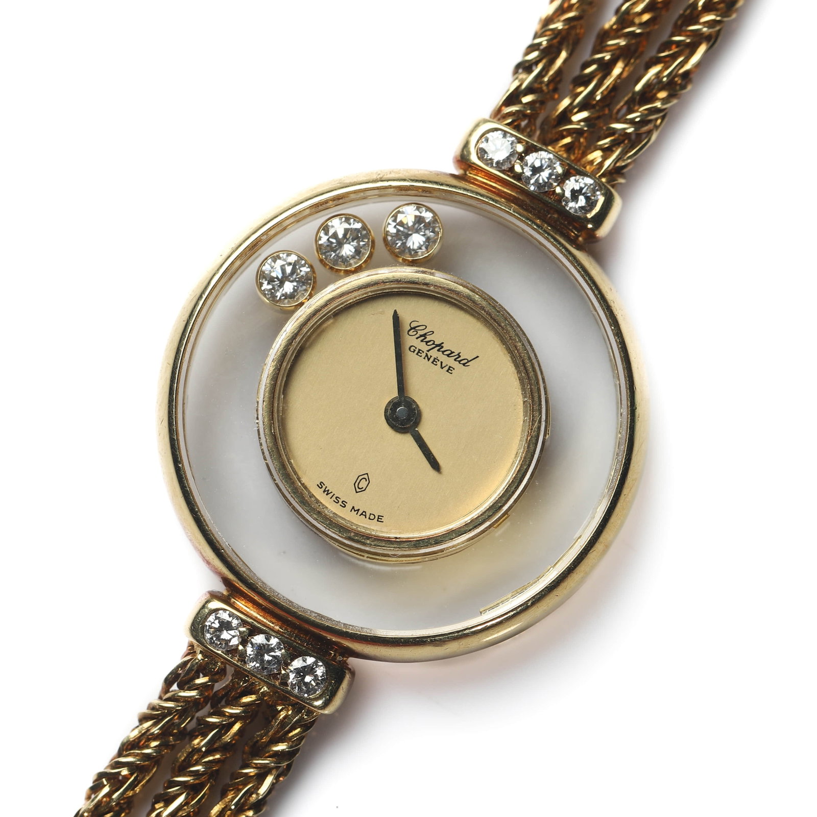 CHOPARD HAPPY DIAMONDS LADY'S WRISTWATCH: Dimensions Dial diameter 13/16 in. (21.4 mm) Length 6 15/16 in. (17.7 cm) Weight 22.5 g. Description A Chopard Happy Diamonds lady's wristwatch in yellow gold, featuring the iconic floating diamond de