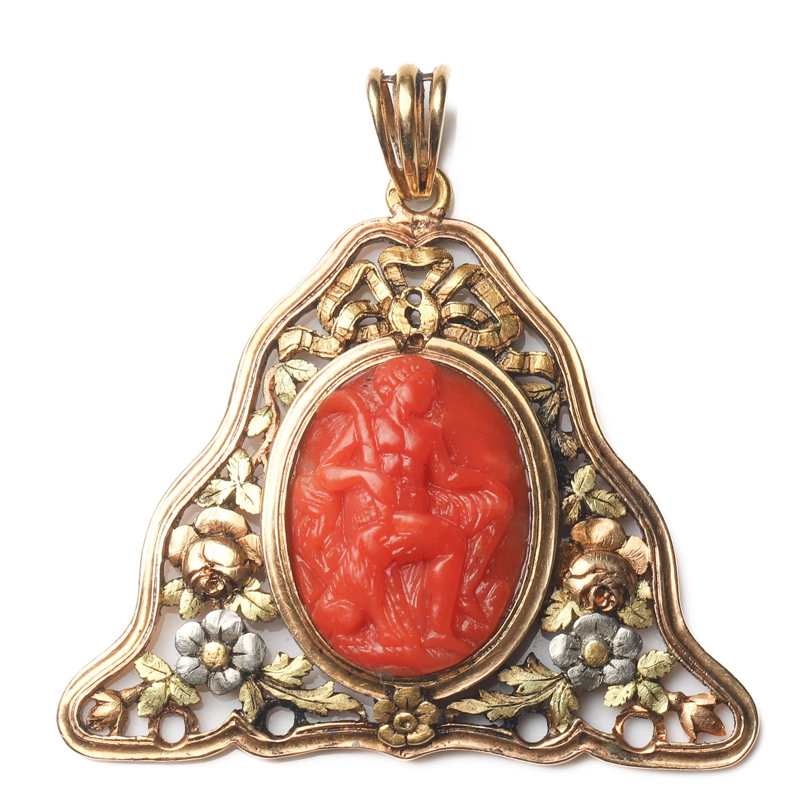 NAPOLEON III PERIOD (1852–1870), A FRENCH FOUR-COLOR GOLD CAMEO PENDANT WITH PAN: Dimensions Height: 1 5/8 in. (4.1 cm), Width: 1 9/16 in. (4.0 cm) Weight:10.8 g Description A finely crafted French aristocratic pendant from the Napoleon III period, executed in 18K gold. The piece