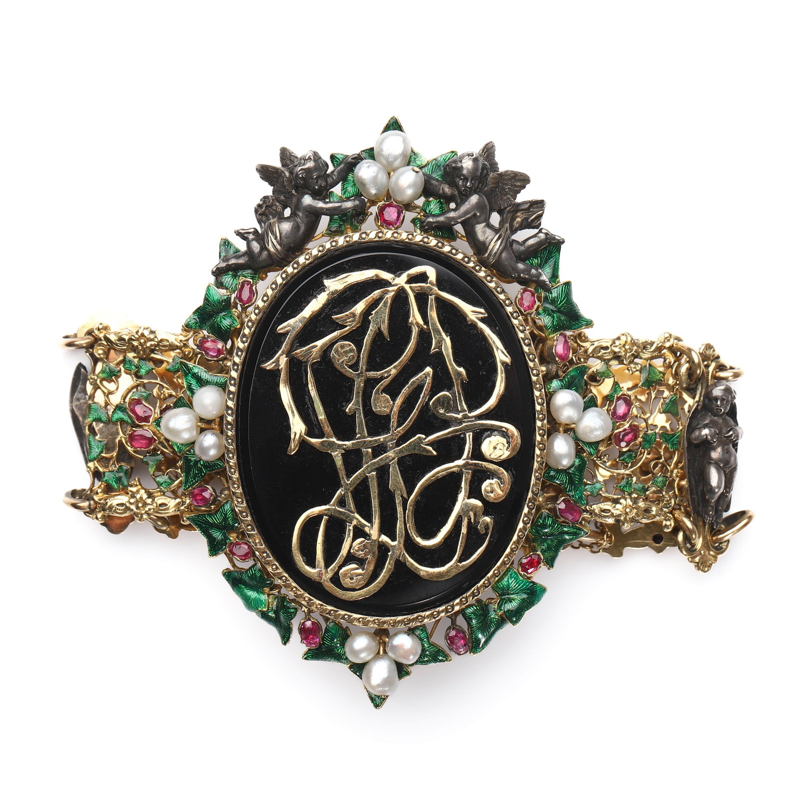 A MULTI-GEM AND ENAMEL BRACELET BY F. ROMANELLI, FLORENCE: Dimensions Length: 20 cm; Width: 7.7 cm; Central Plaque: 47 × 38 mm; Weight: 90.7 g Description: A remarkable Renaissance Revival bracelet, finely crafted in gold and silver, set with pearls, rubies,