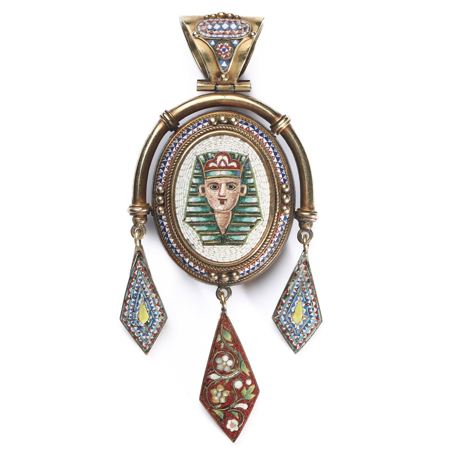 A GOLD-MOUNTED REVERSIBLE MICRO-MOSAIC AND CARVED CARNELIAN PENDANT.: Dimensions 2 3/4 in. (7 cm). Weight: 18.1 g. Description The pendant is designed as an oval hinged locket-form mount, the front set with a finely executed micro-mosaic portrait depicting an Egyptian p