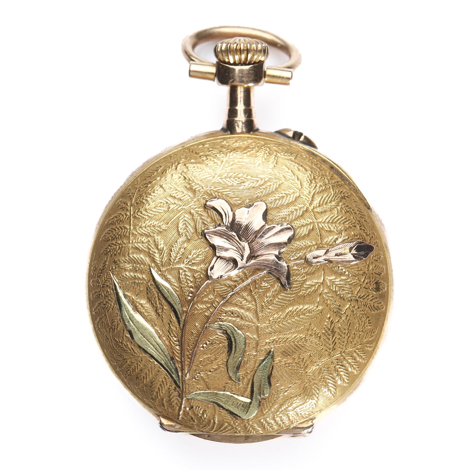 A FRENCH NAPOLEON III FOUR-COLOR GOLD FLORAL POCKET WATCH: Dimensions Length: 1 9/16 in. (40 mm); Width: 1 1/16 in. (27 mm); Weight: 15.5 g Description Produced during the Napoleon III period (circa 1852–1870), this elegant French pocket watch is finely