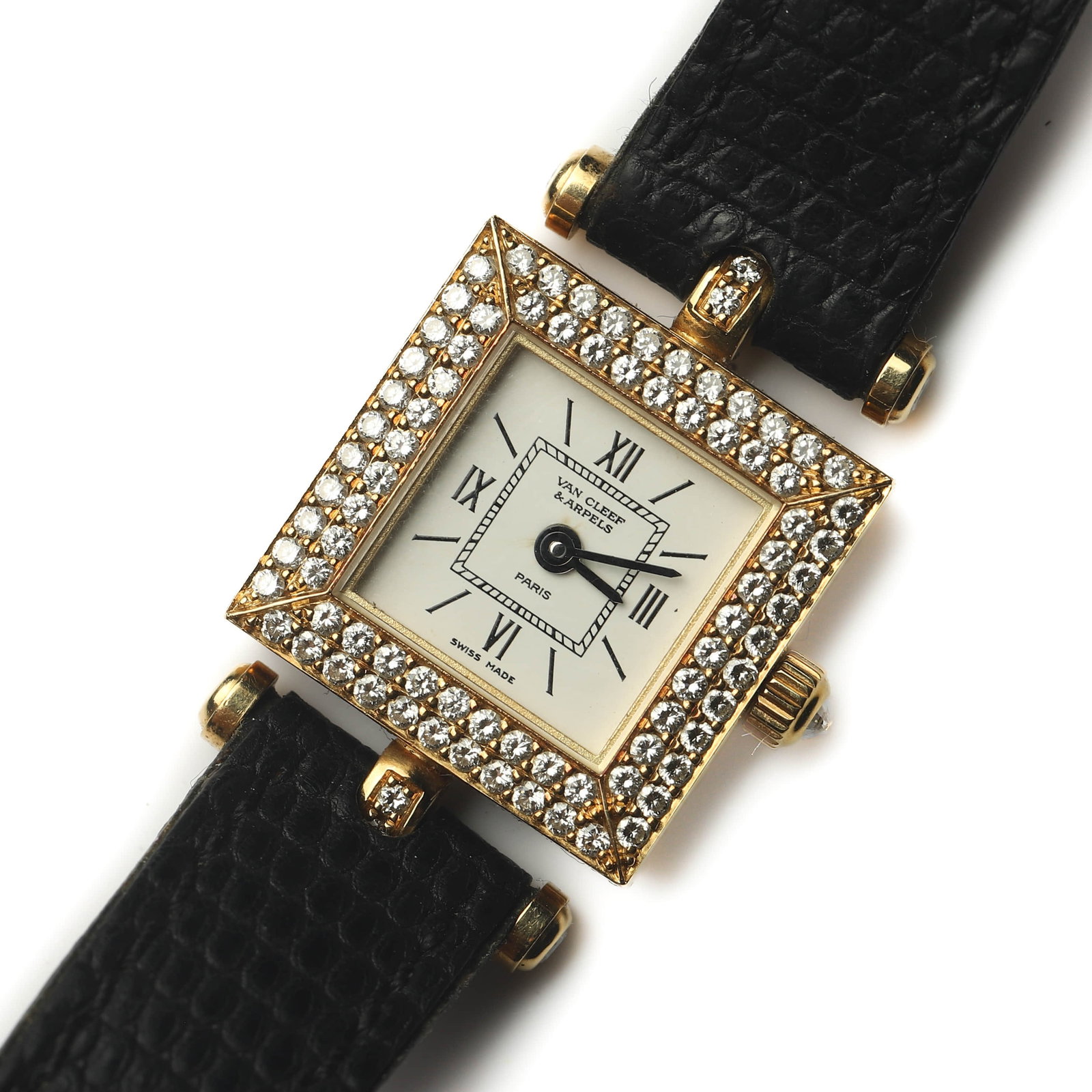 VAN CLEEF & ARPELS 18K GOLD DIAMOND LADY'S WRISTWATCH: Dimensions Overall Length: 7 1/2 in. (19 cm) Case Diameter: 13/16 in. (2 cm) Weight: 18.1 g Description An elegant Van Cleef & Arpels lady's wristwatch crafted in 18K yellow gold, featuring a refined