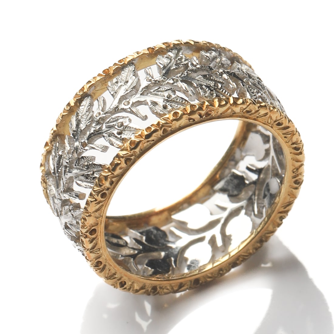 A BUCCELLATI TWO-TONE GOLD “LACEWORK?? RING, BY MARIO BUCCELLATI: Dimensions Ring Size: HK 14Weight6.56 g Description An exceptional Italian two-tone gold ring by Buccellati, attributed to the first-generation founder, Mario Buccellati, and produced in Milan.