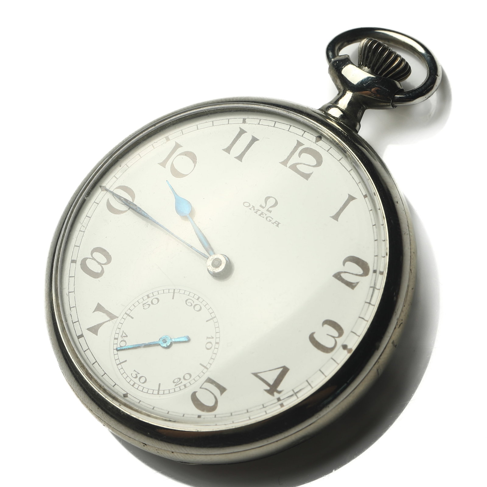 OMEGA OPEN FACE POCKET WATCH: Dimensions Diameter: 1 7/8 in. (4.85 cm) Weight: 77.2g Description An Omega open-face pocket watch housed in a nickel-finished case, featuring a white dial with oversized stylized Arabic numerals, blu
