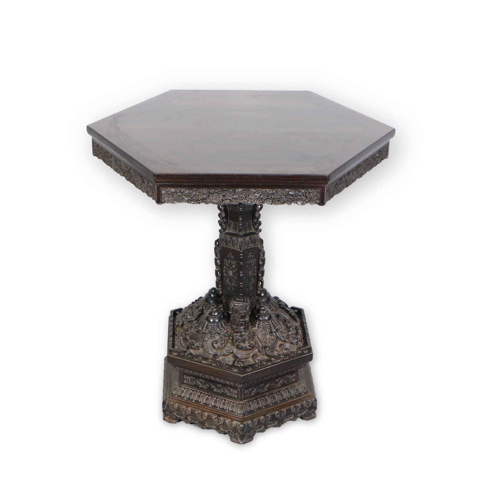 Rosewood Hexagonal Table with Dragon Design: Height 85cm, Length 72cm, Width 72cm