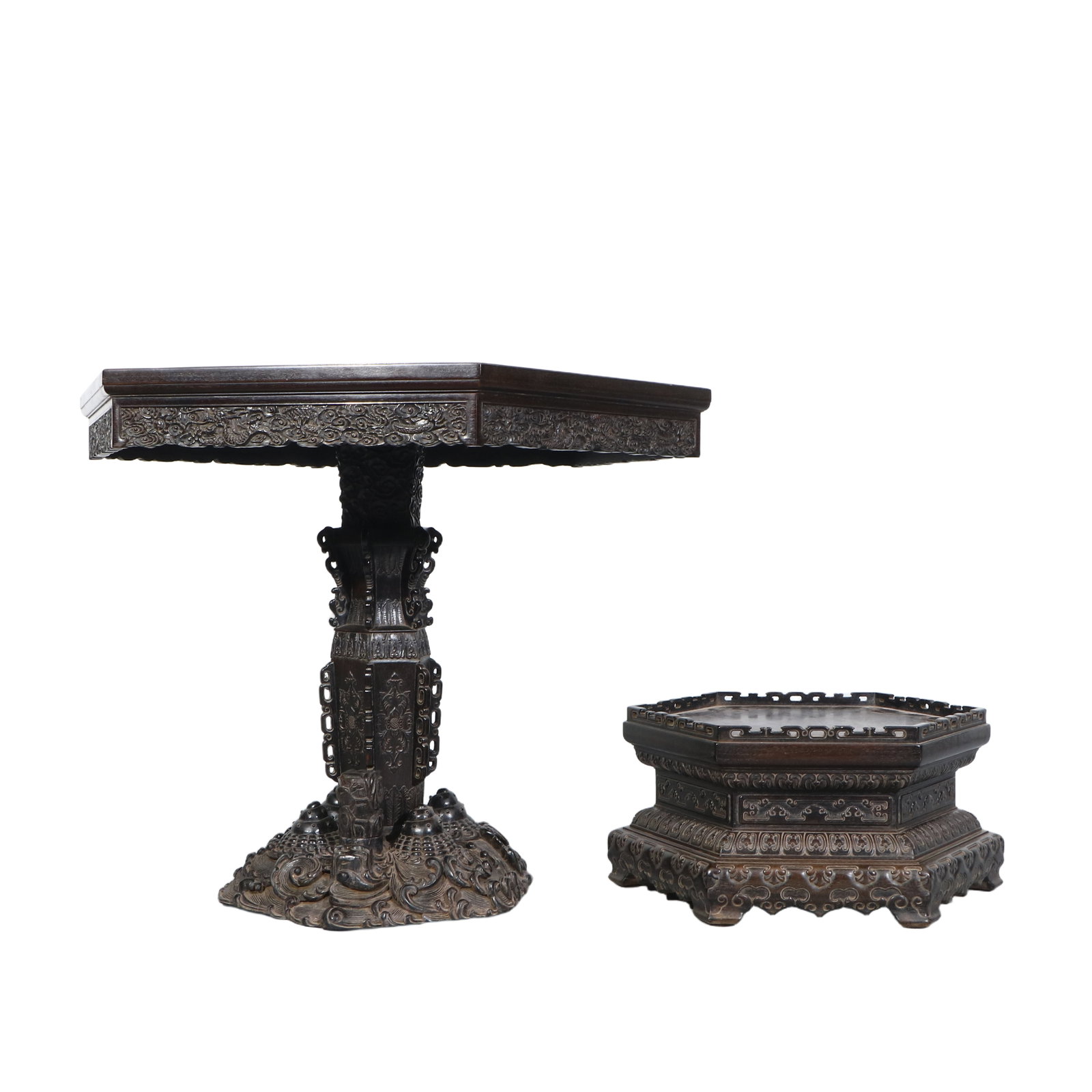 Rosewood Hexagonal Table with Dragon Design - 7