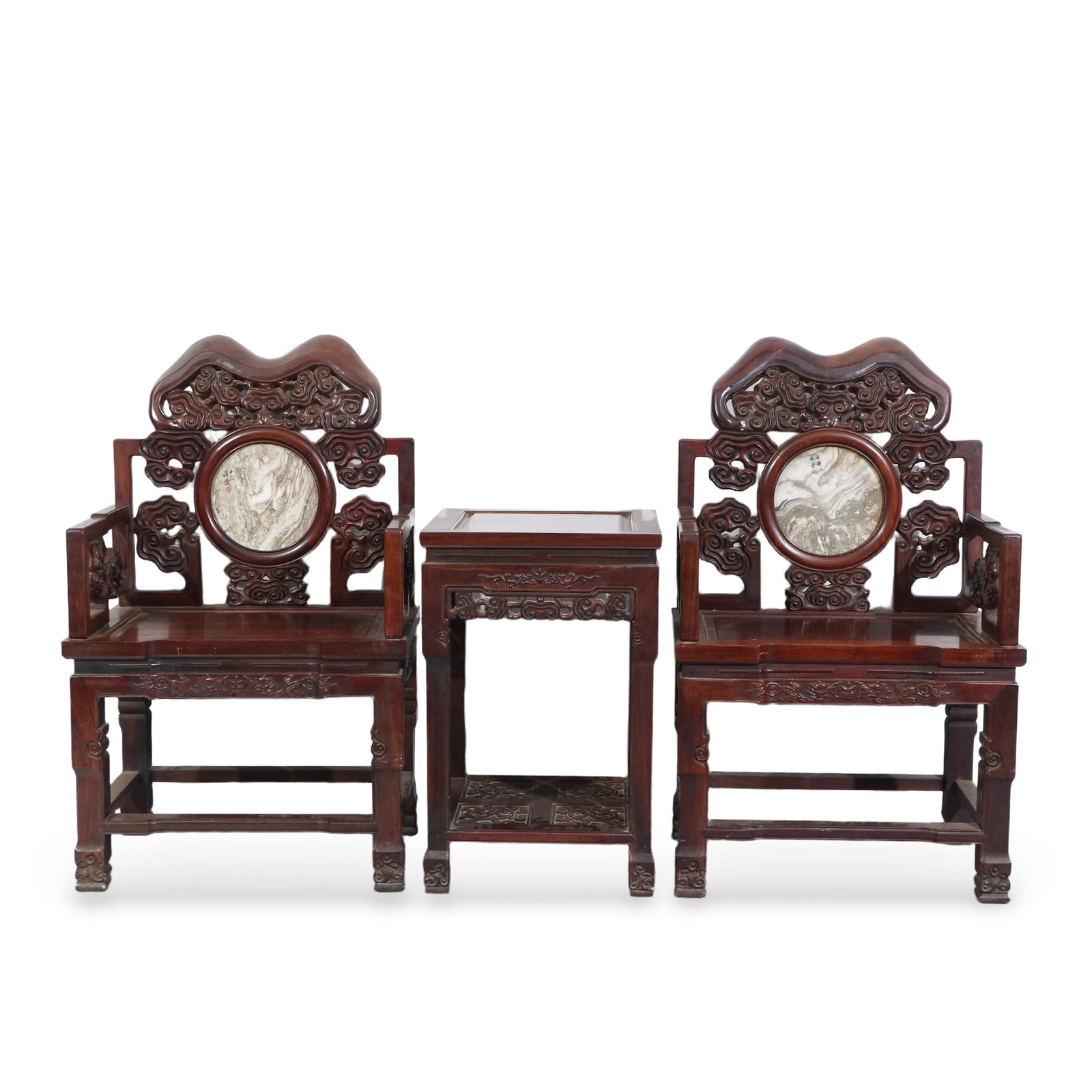 A set of rosewood armchairs inlaid with marble and a coffee table.: The chair is 112cm high, 66.5cm long, and 48.5cm wide; the table is 74cm high, 47.5cm long, and 47cm wide.