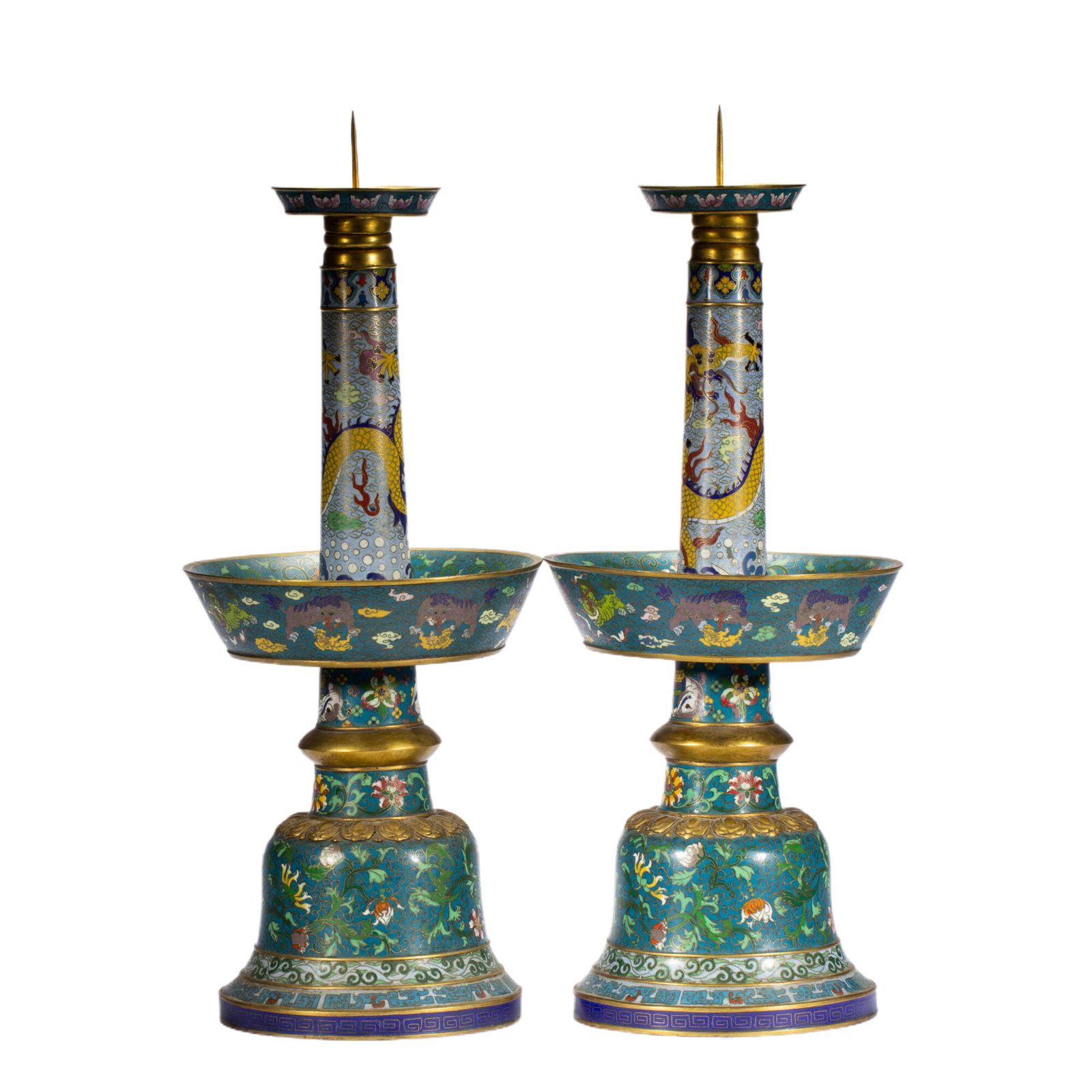 A pair of Cloisonn?? candlestick: Length 22cm, Width 22cm, Height 60cm, Weight 14000g