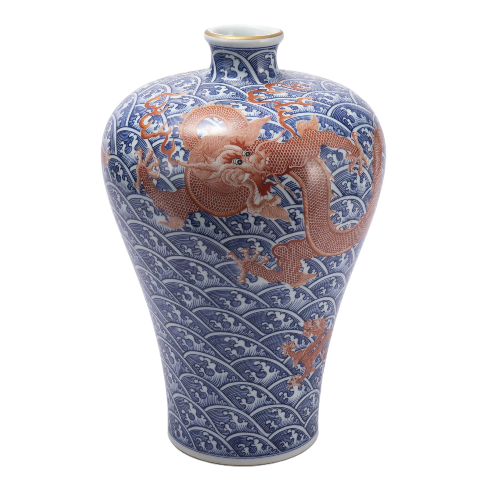 Qing Dynasty Qianlong Blue and White Plum Vase with Iron Red Dragon Design: Diameter 23cm, Height 40cm