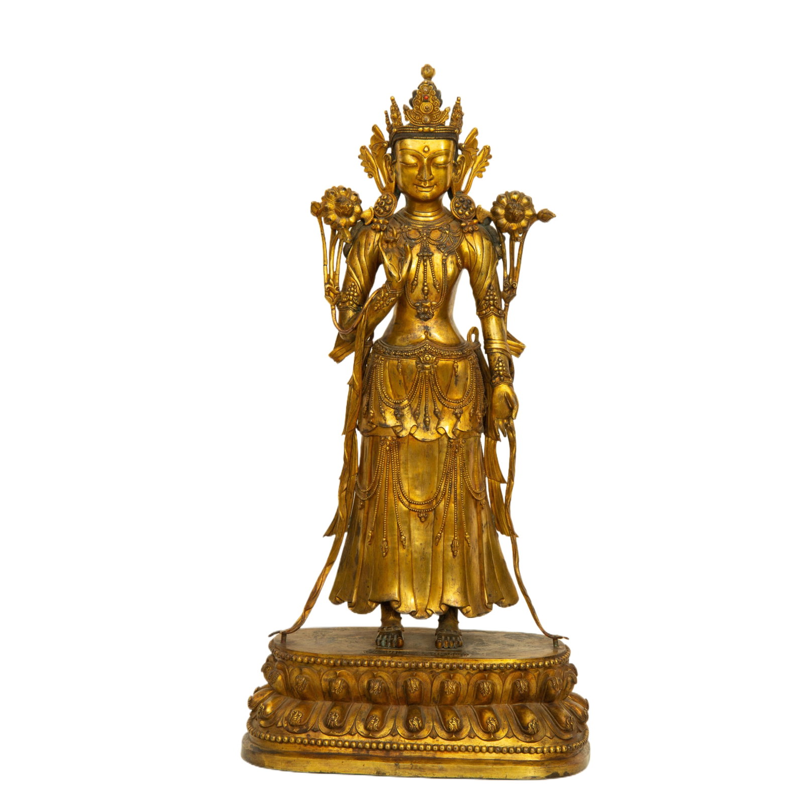 Gilded bronze Buddha statue: Length 39cm, Width 24cm, Height 80cm, Weight 21240g
