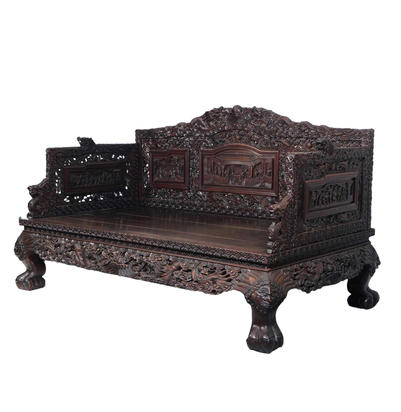 Rosewood Luohan Bed with Dragon Relief Pattern - 2