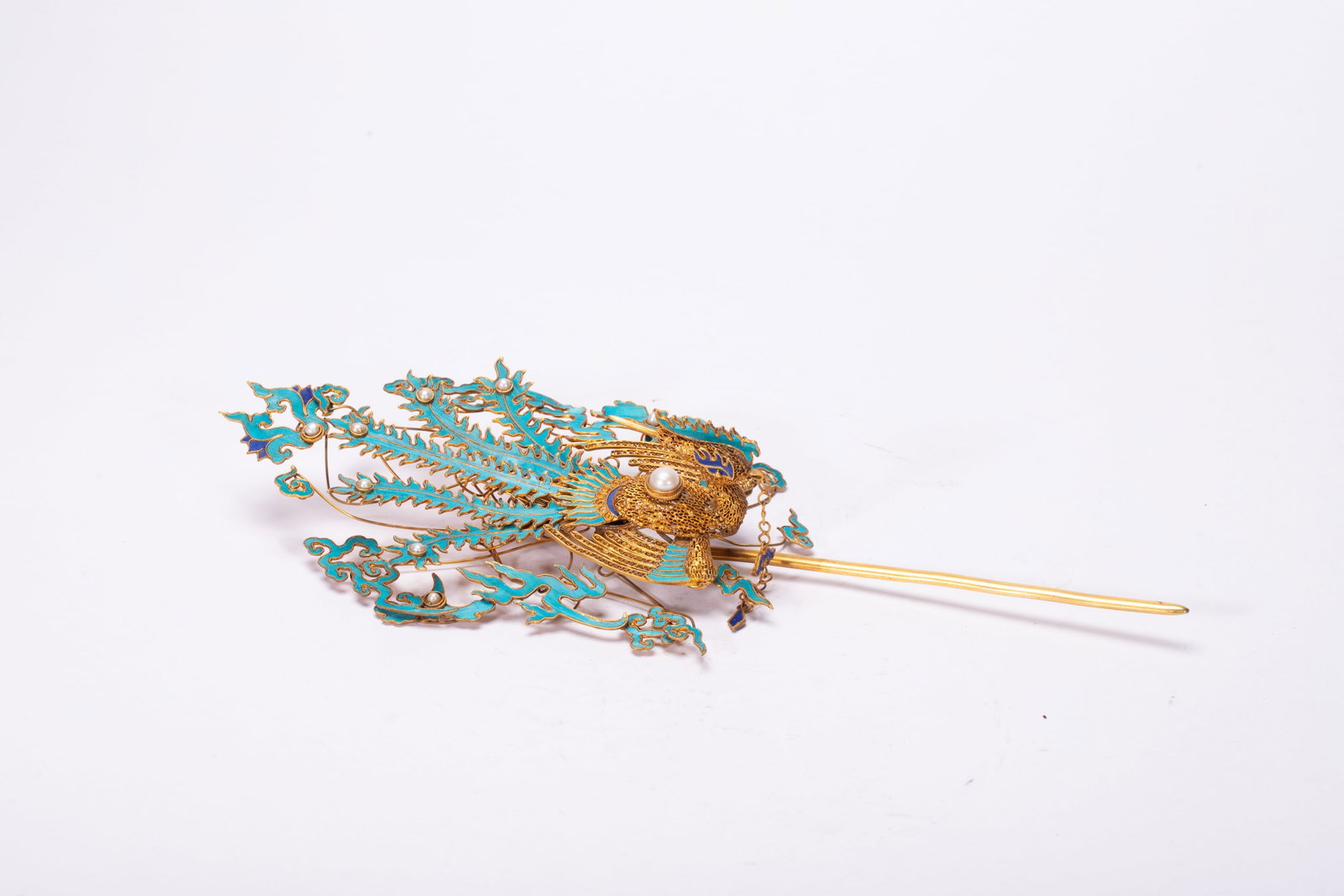 Silver-gilt and kingfisher feather inlay: Length 25cm, Width 10cm, Weight 80g