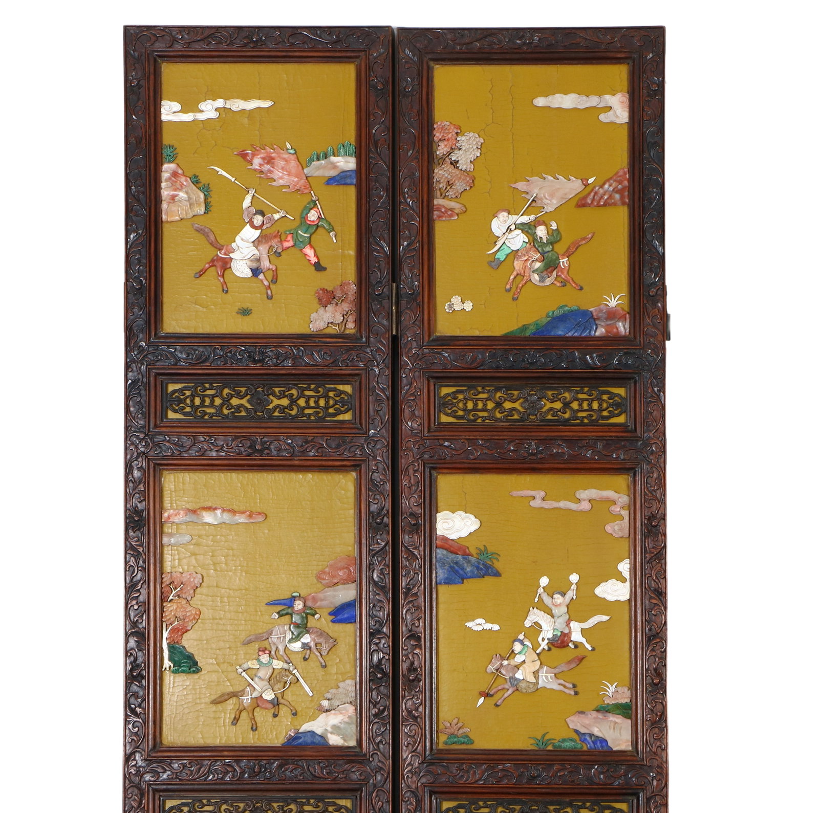 Huanghuali wood inlaid with various precious stones, ten-panel screen depicting figures and stories - 3