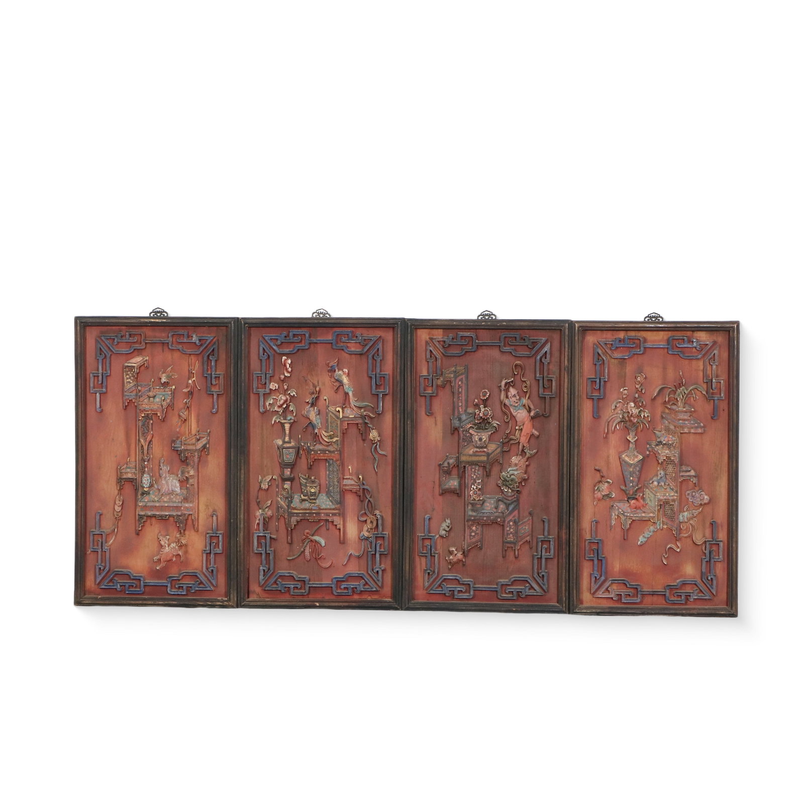 Four wooden carved vermilion-ground lacquered antique-style hanging screens: Height 92cm Width 52cm