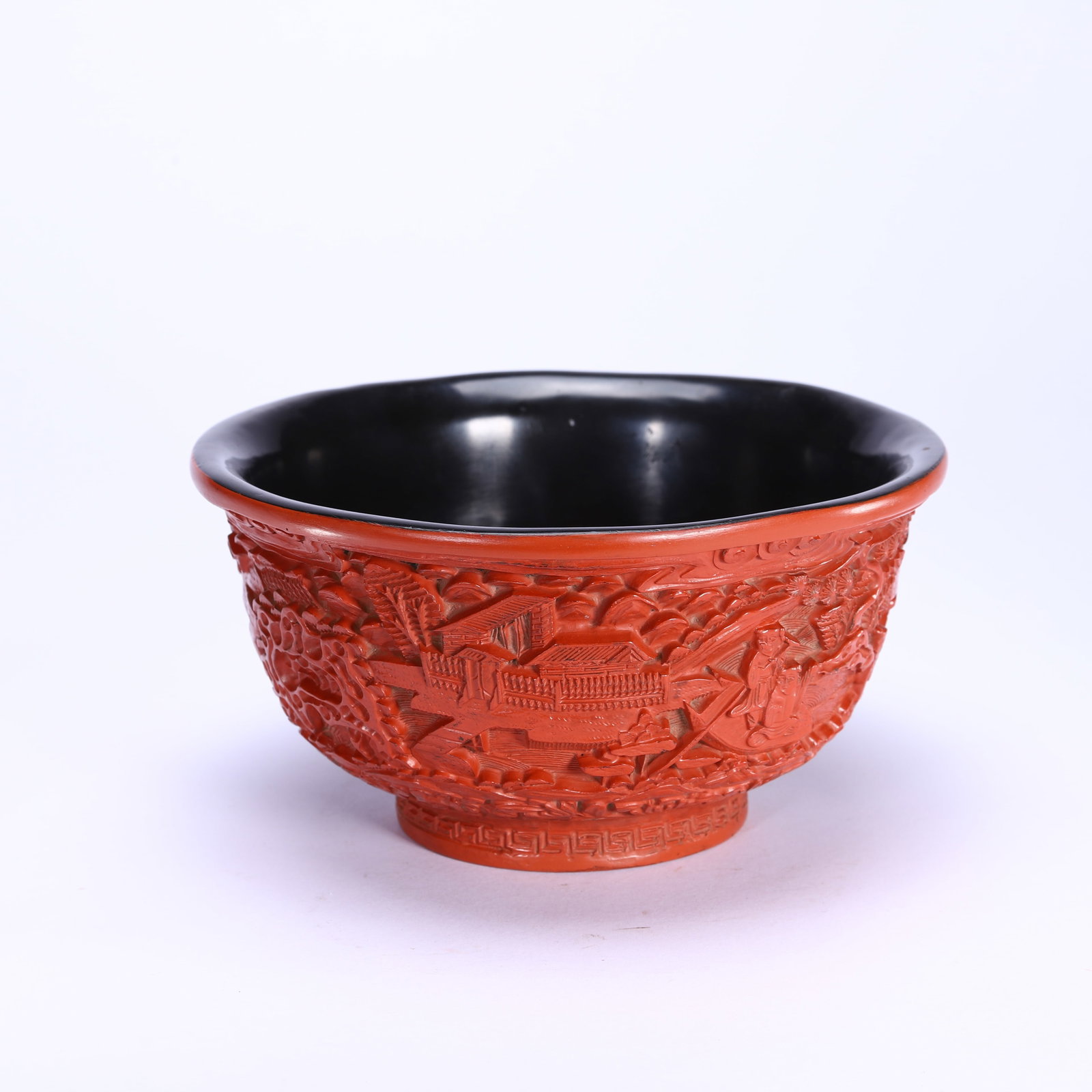 Carved red lacquer bowl: Length 16cm, Width 16cm, Height 8cm, Weight 220g