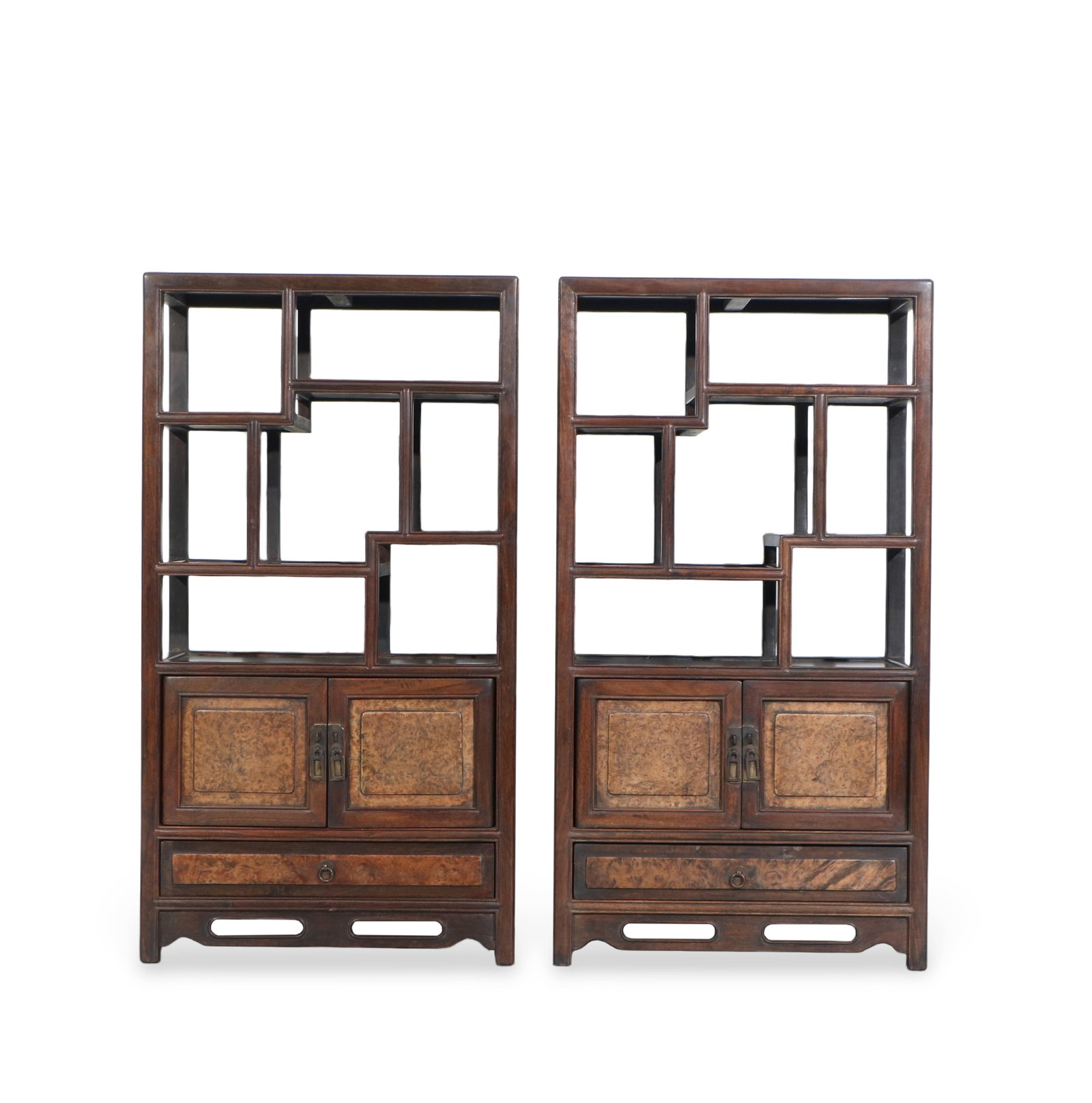 A pair of rosewood and cherry wood inlaid antique display cabinets: Height 73cm, Length 39.5cm, Width 22cm